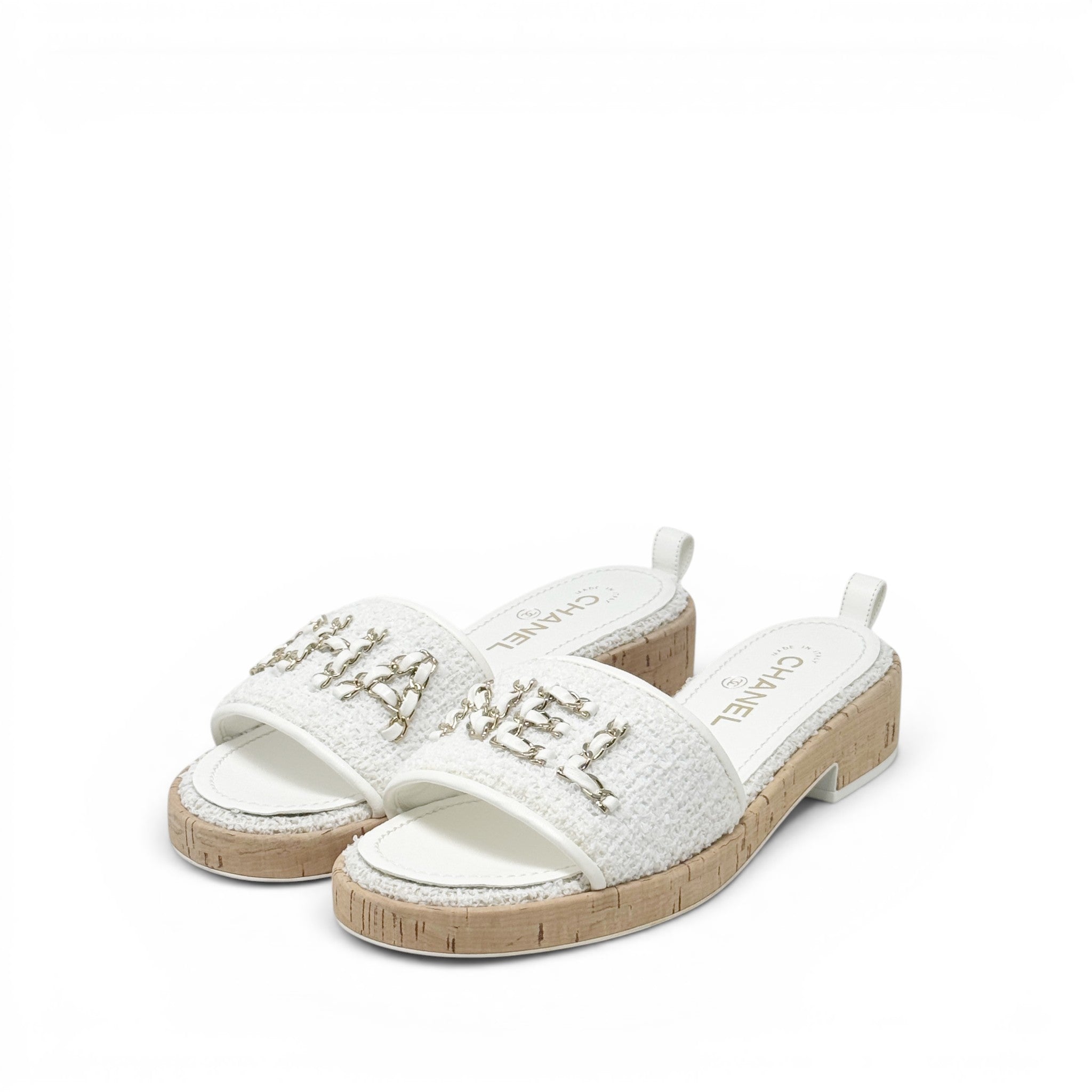 Chanel White Tweed Logo Sandals 39