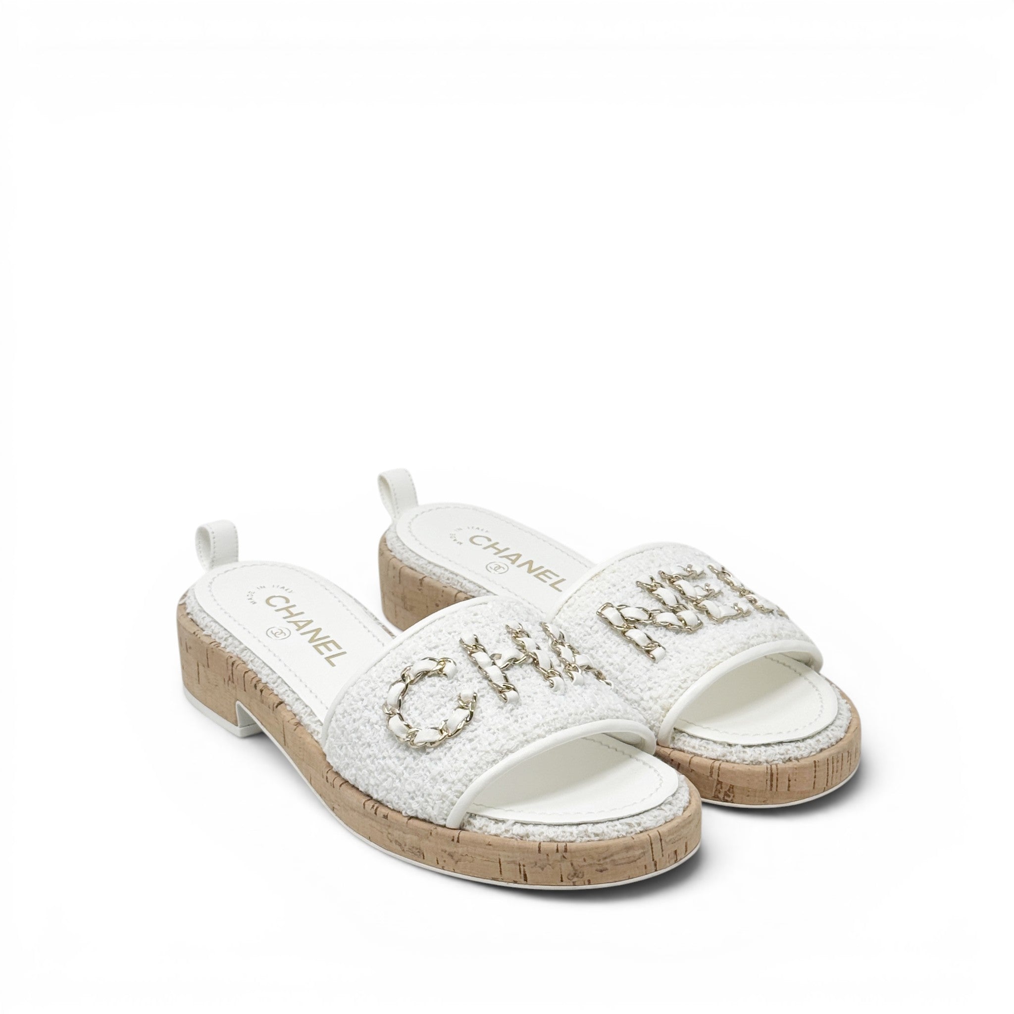 Chanel White Tweed Logo Sandals 39