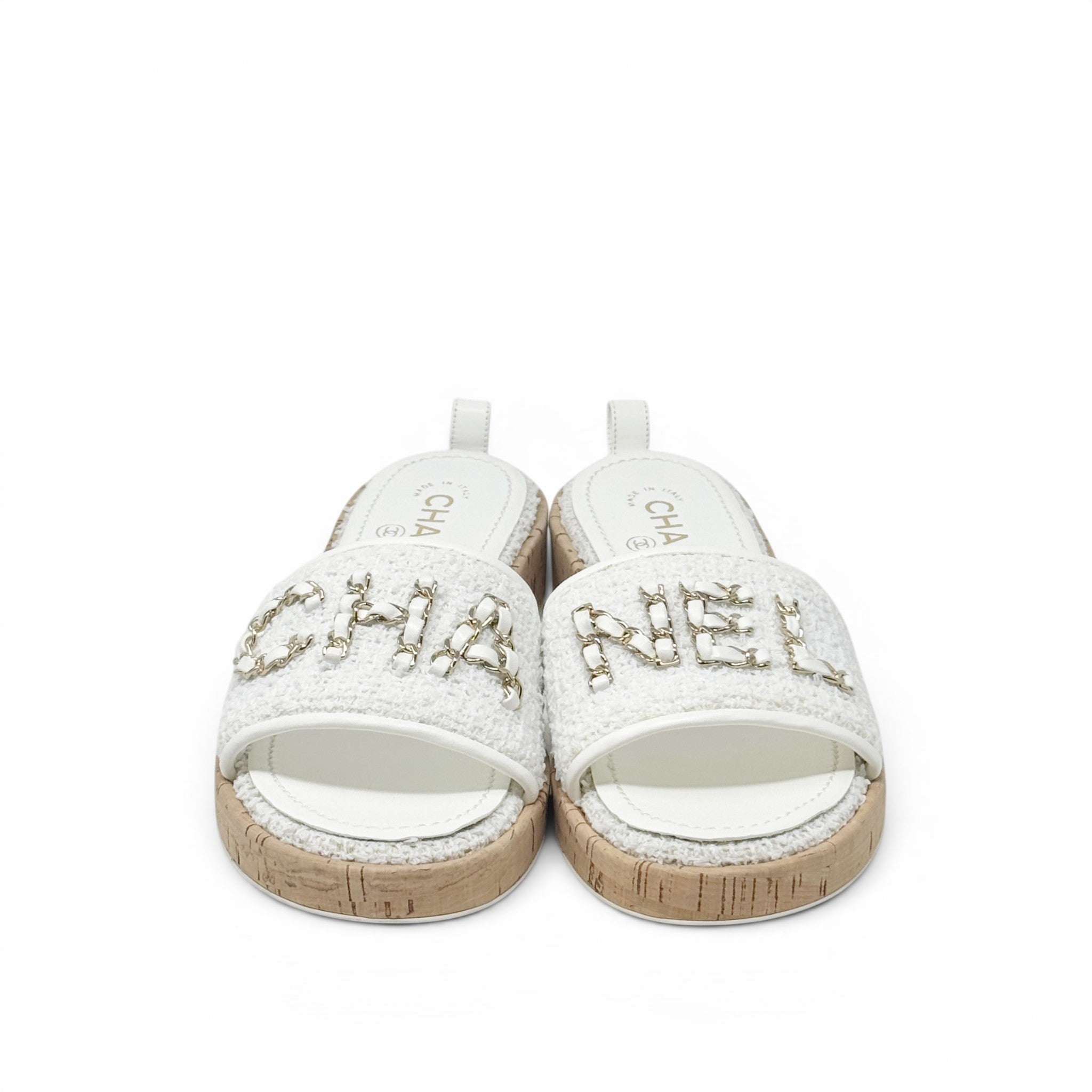 Chanel White Tweed Logo Sandals 39