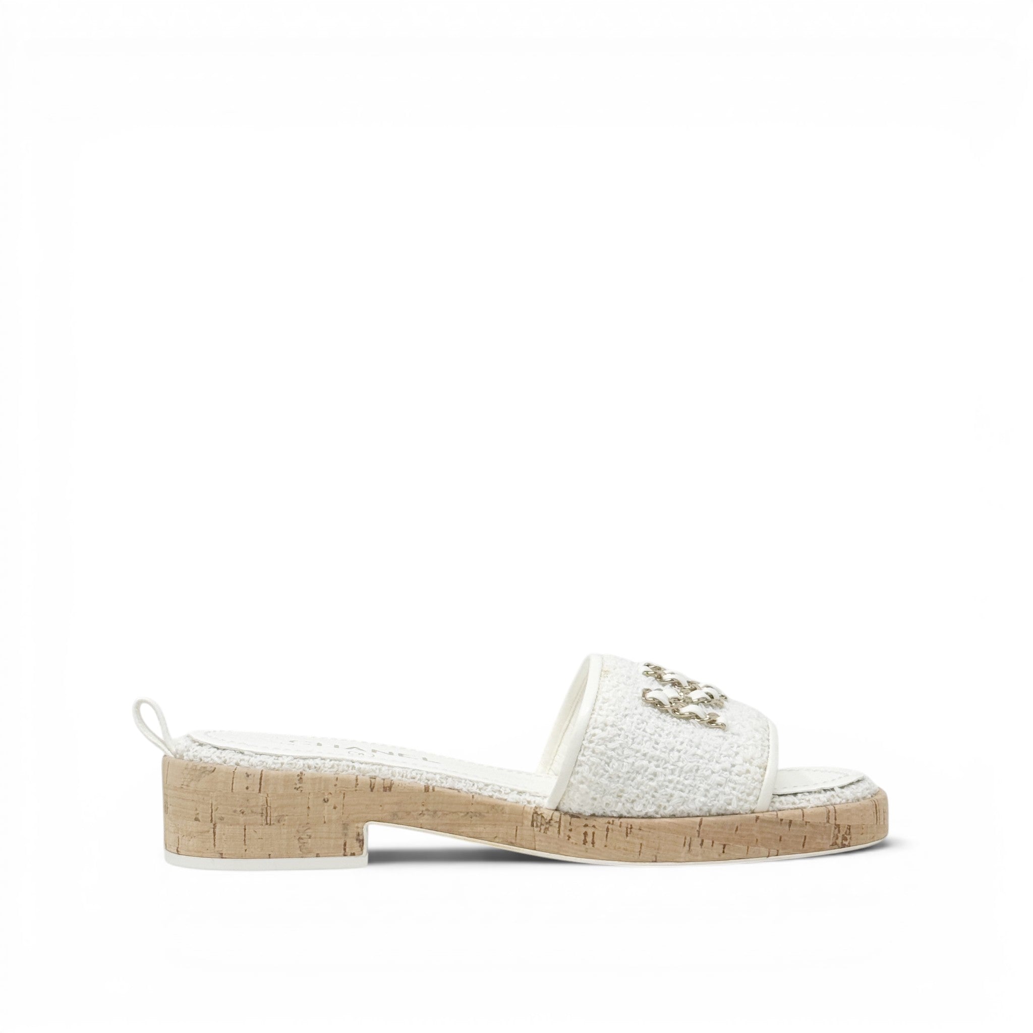 Chanel White Tweed Logo Sandals 39