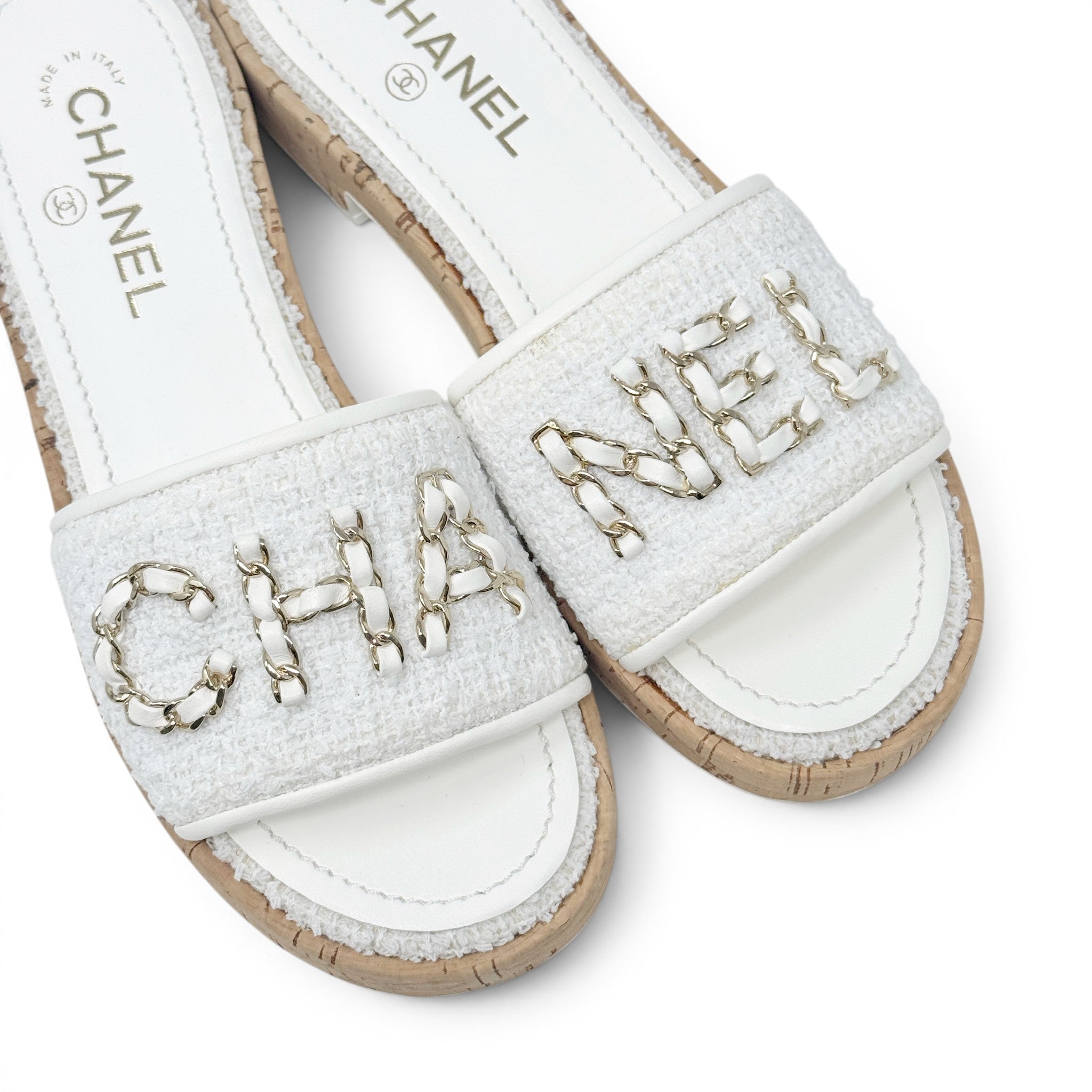 Chanel White Tweed Logo Sandals 39