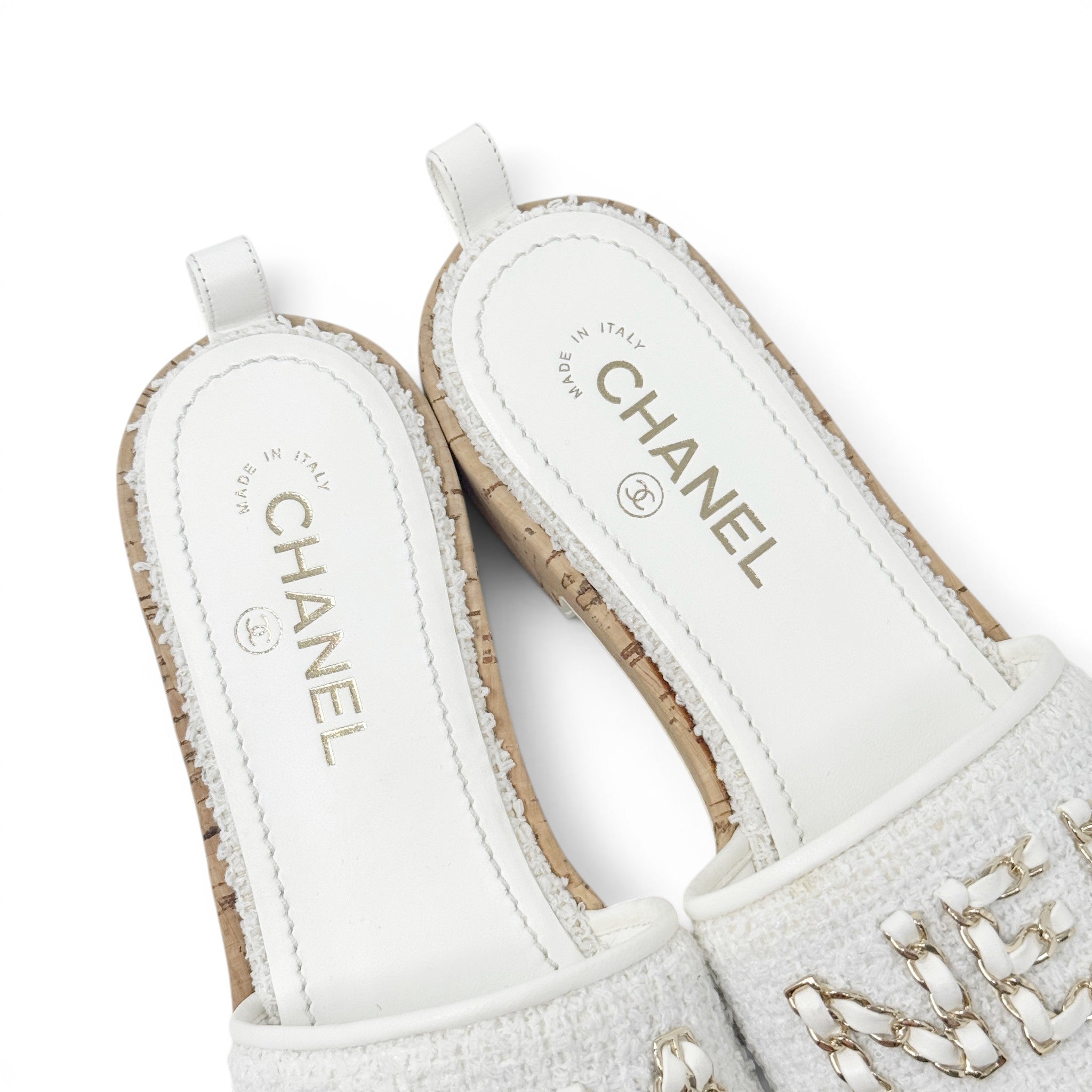 Chanel White Tweed Logo Sandals 39