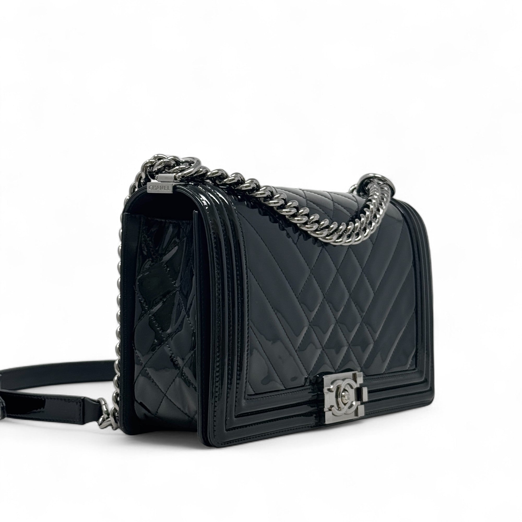 Chanel Black Patent Medium Boy Bag