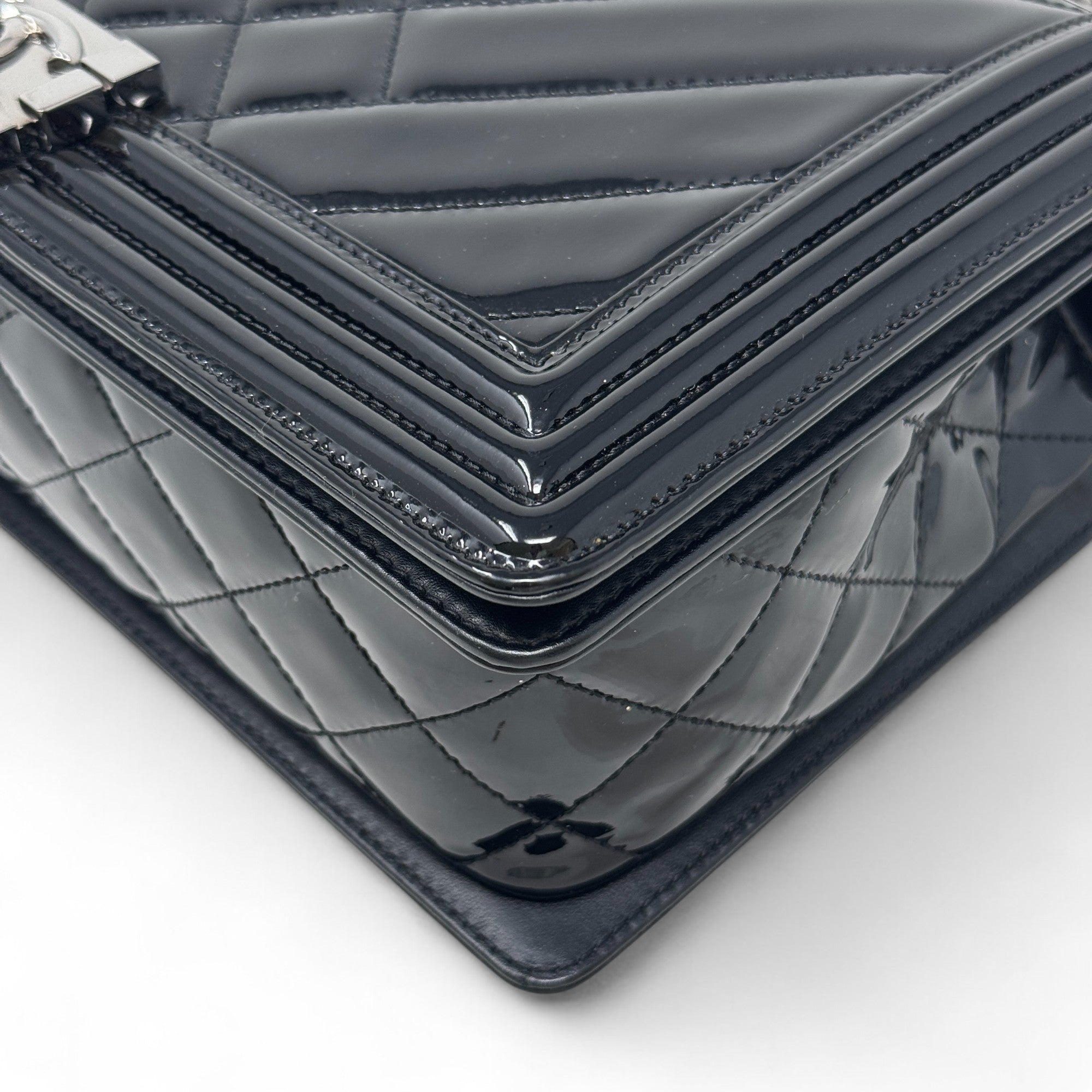 Chanel Black Patent Medium Boy Bag
