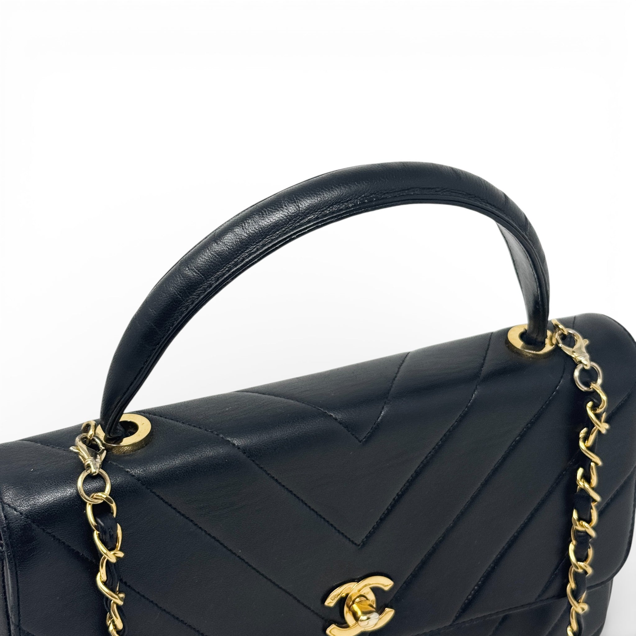 Chanel Black Chevron Vintage Top Handle Bag