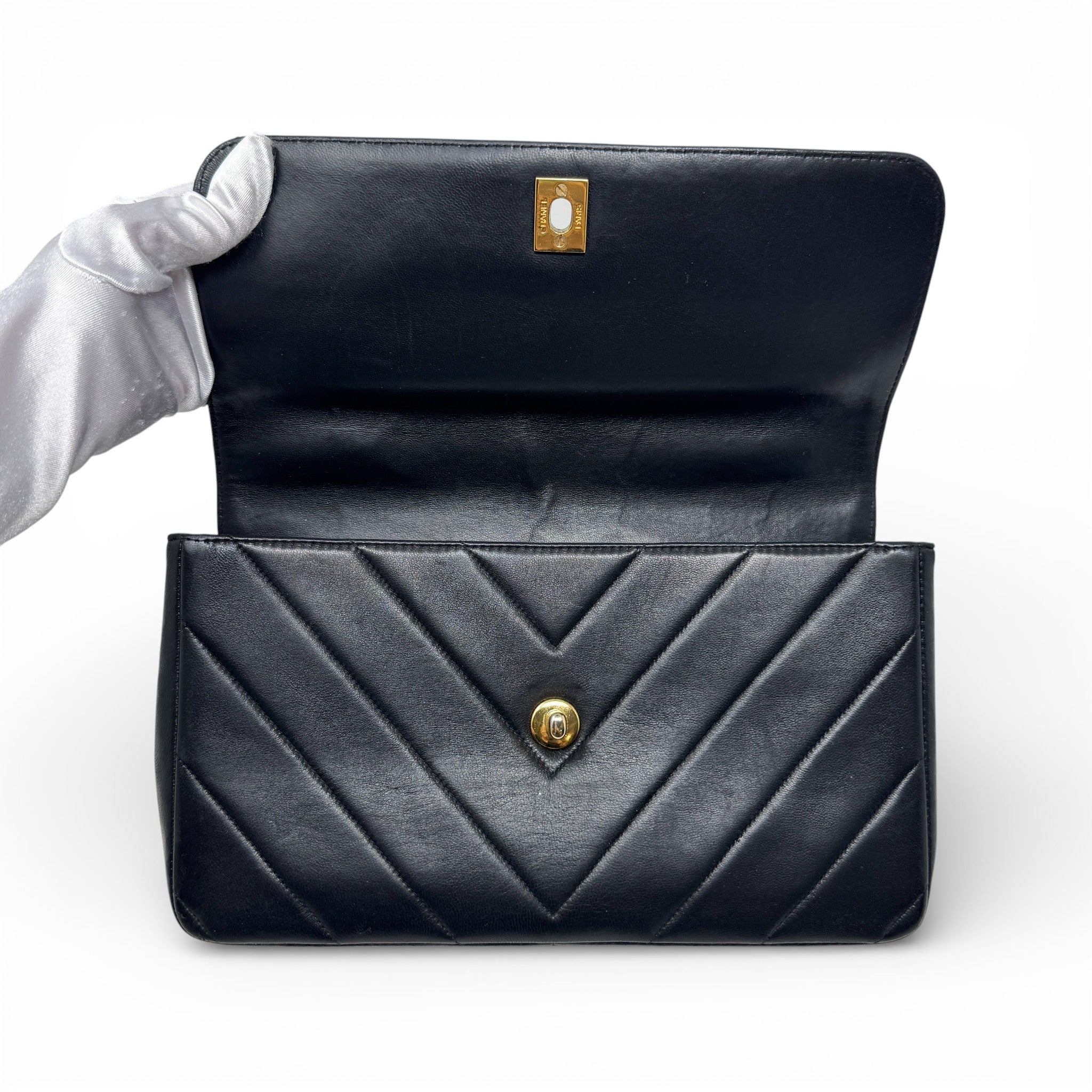 Chanel Black Chevron Vintage Top Handle Bag