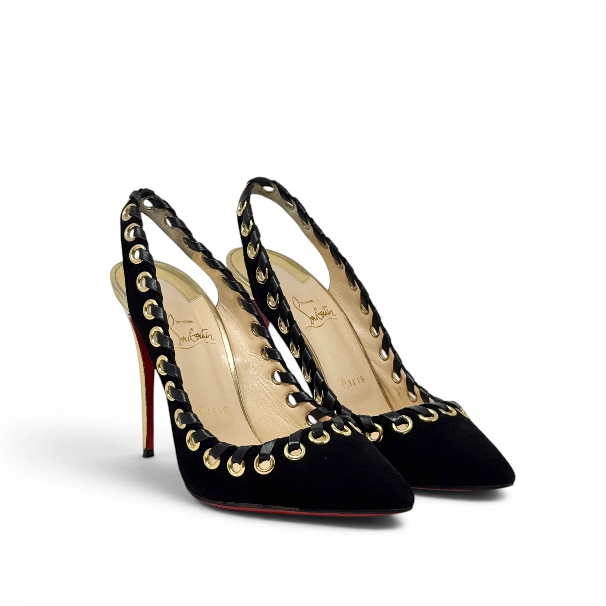 Louboutin Black Suede Ostri Whipstitch Pumps 39.5
