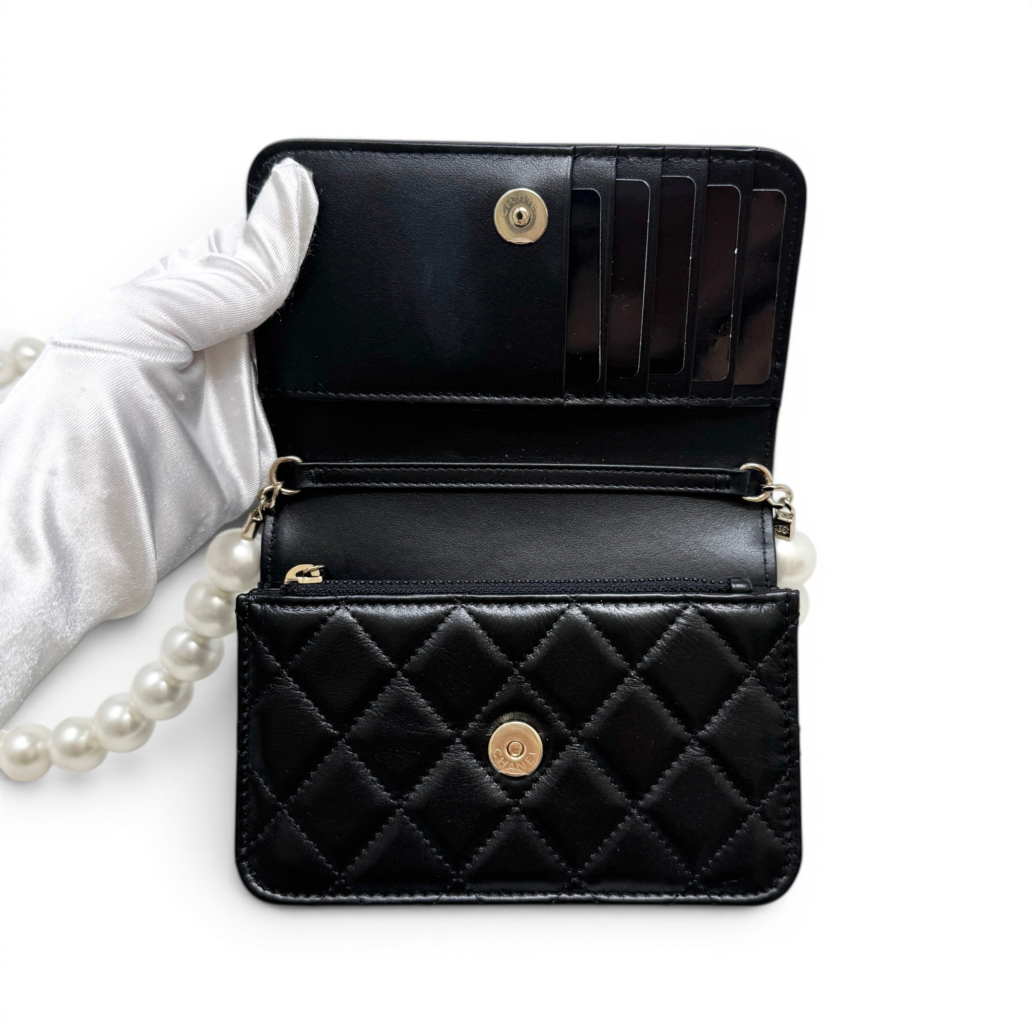 Chanel Black Maxi Pearls Mini Wallet On Chain