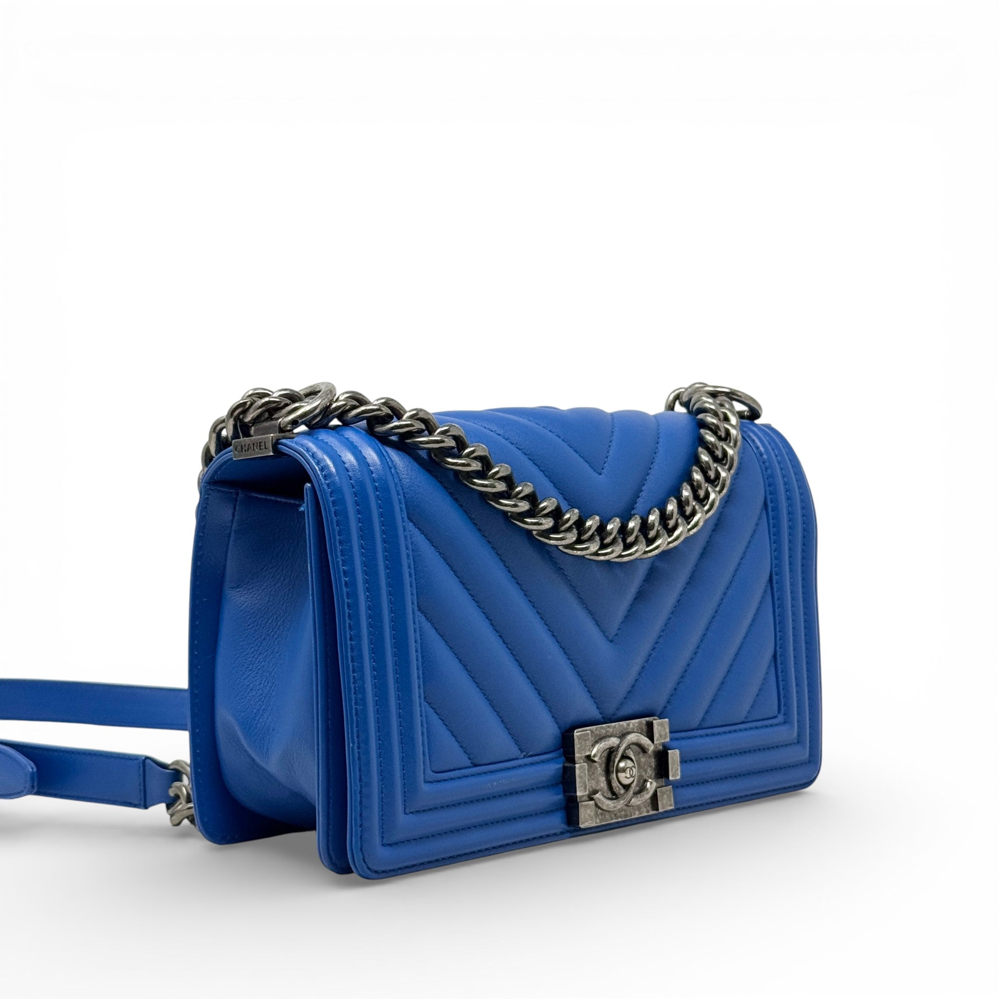 Chanel Blue Chevron Medium Boy Bag