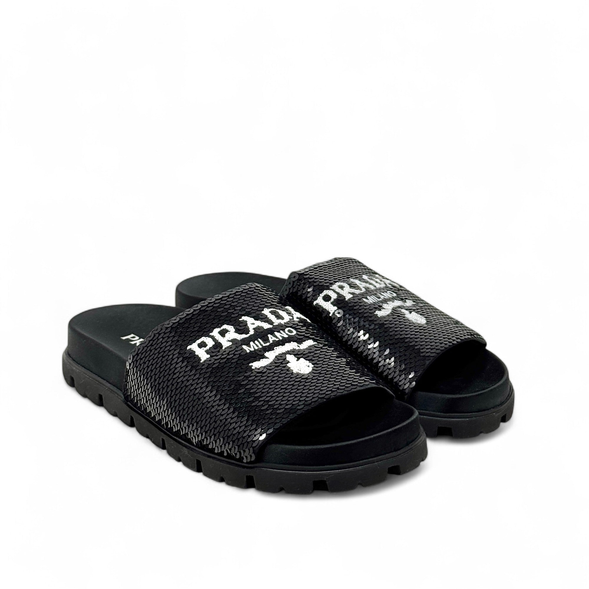 Prada Black Sequin Logo Slides 36.5