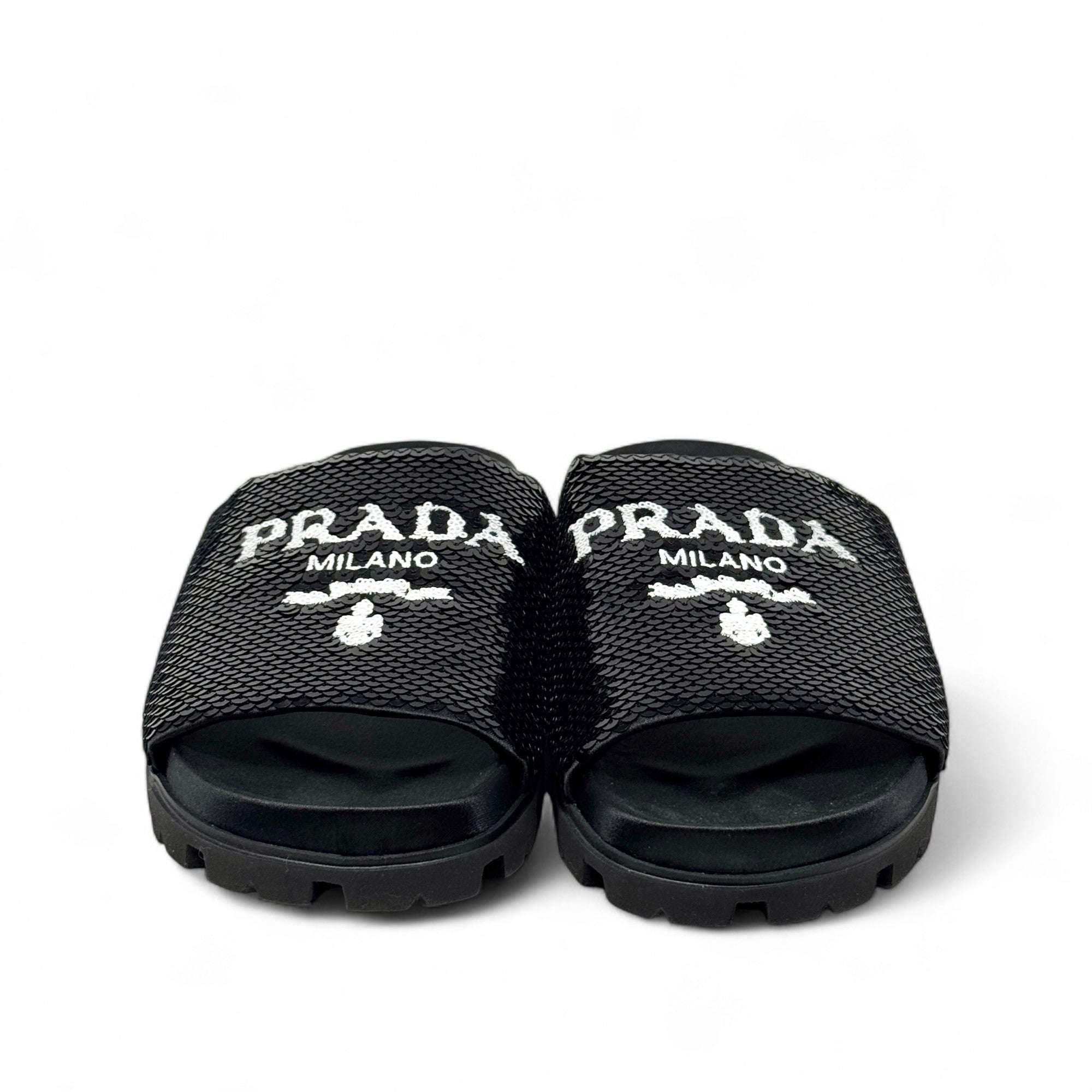 Prada Black Sequin Logo Slides 36.5