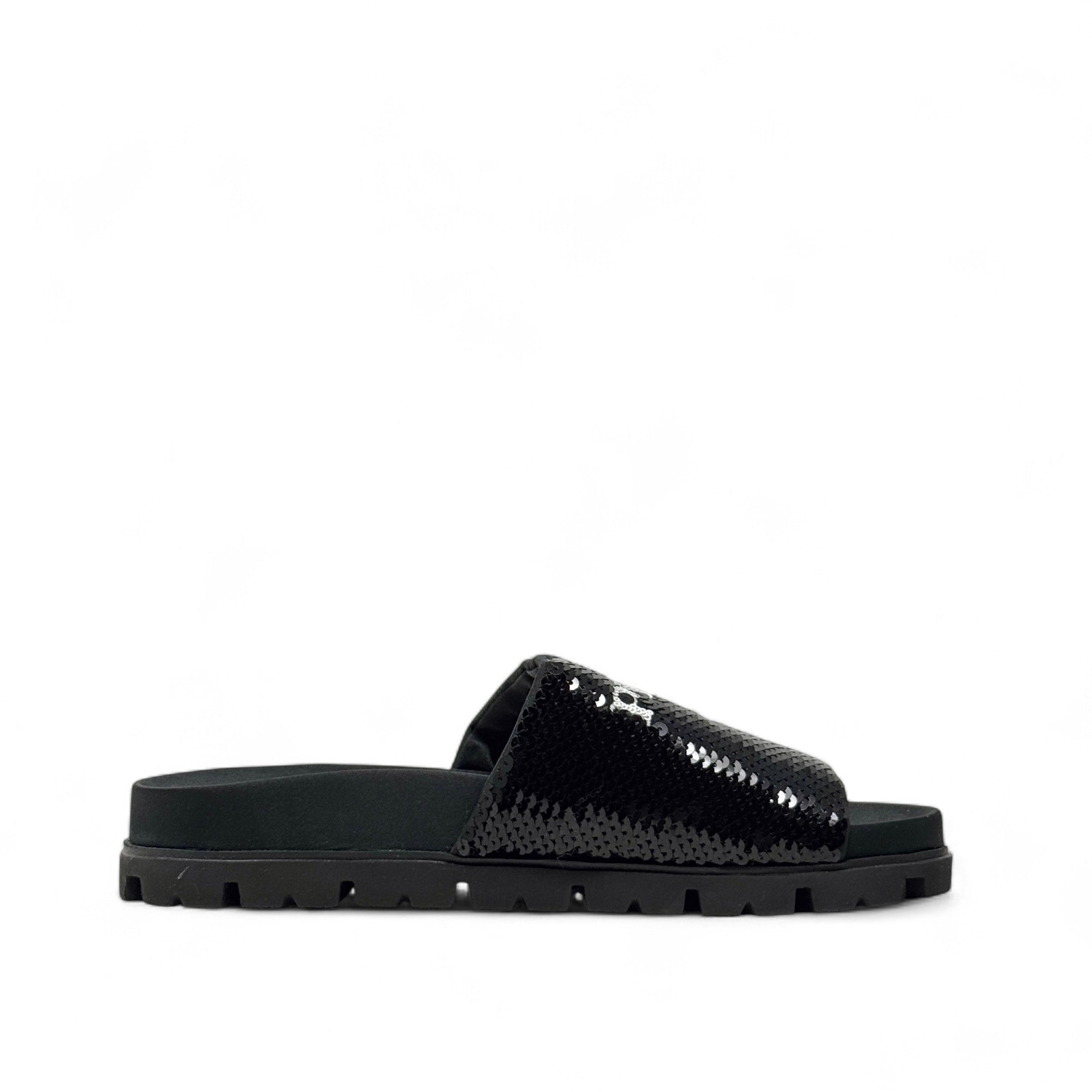 Prada Black Sequin Logo Slides 36.5