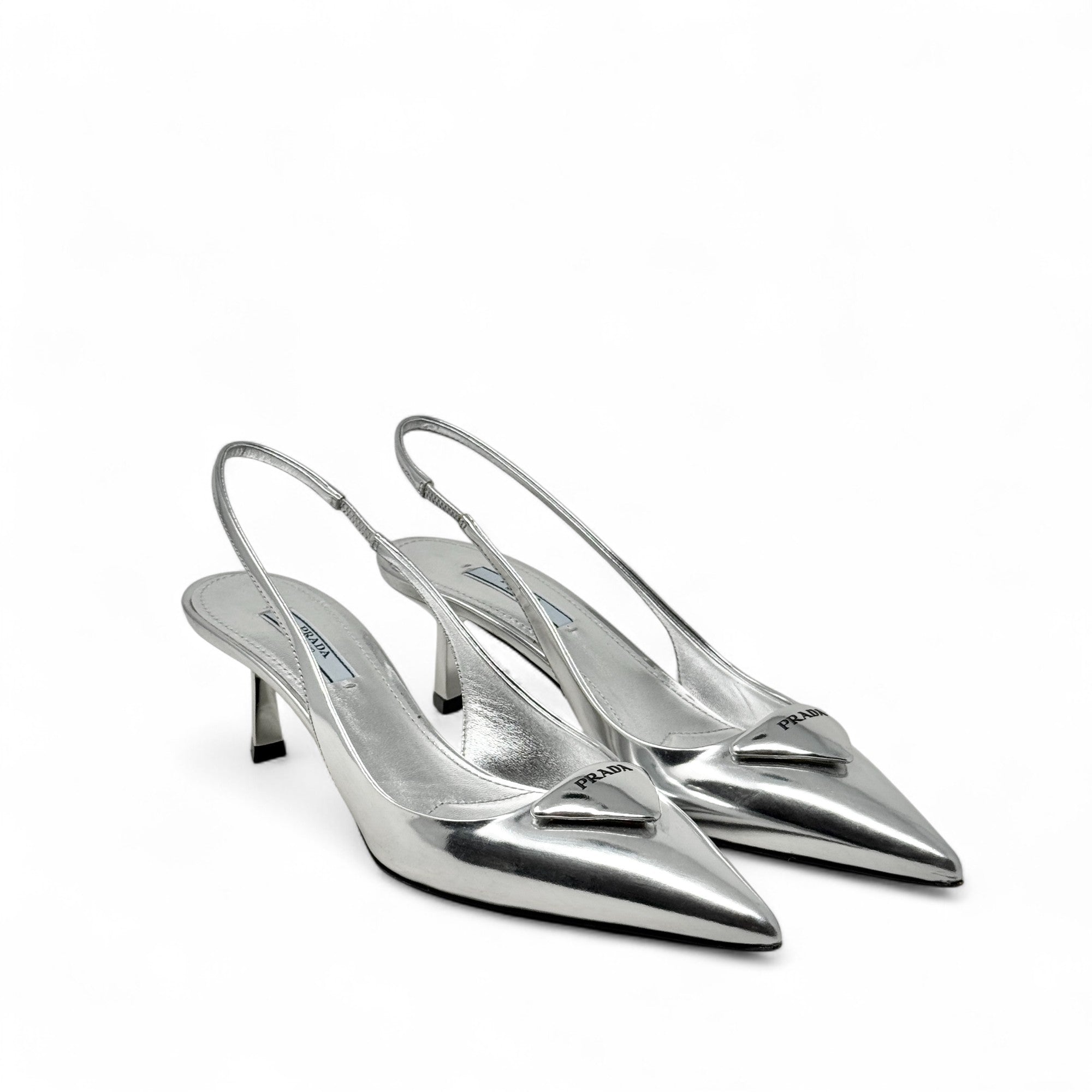 Prada Silver Metallic Slingback Pumps 37