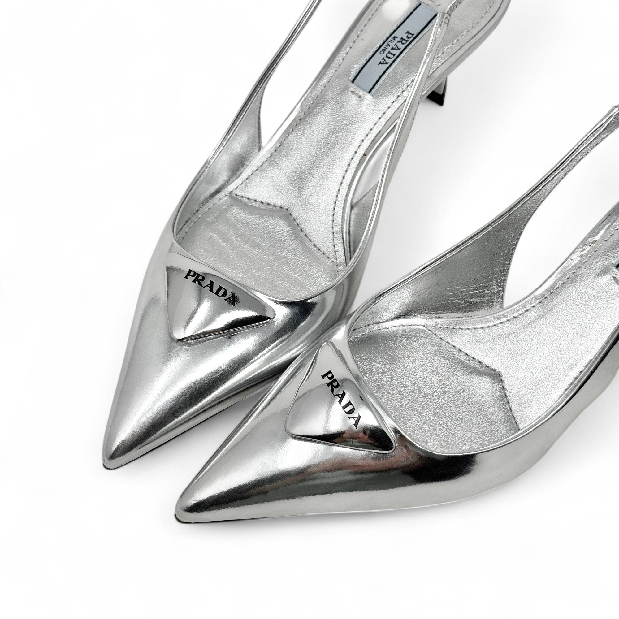 Prada Silver Metallic Slingback Pumps 37