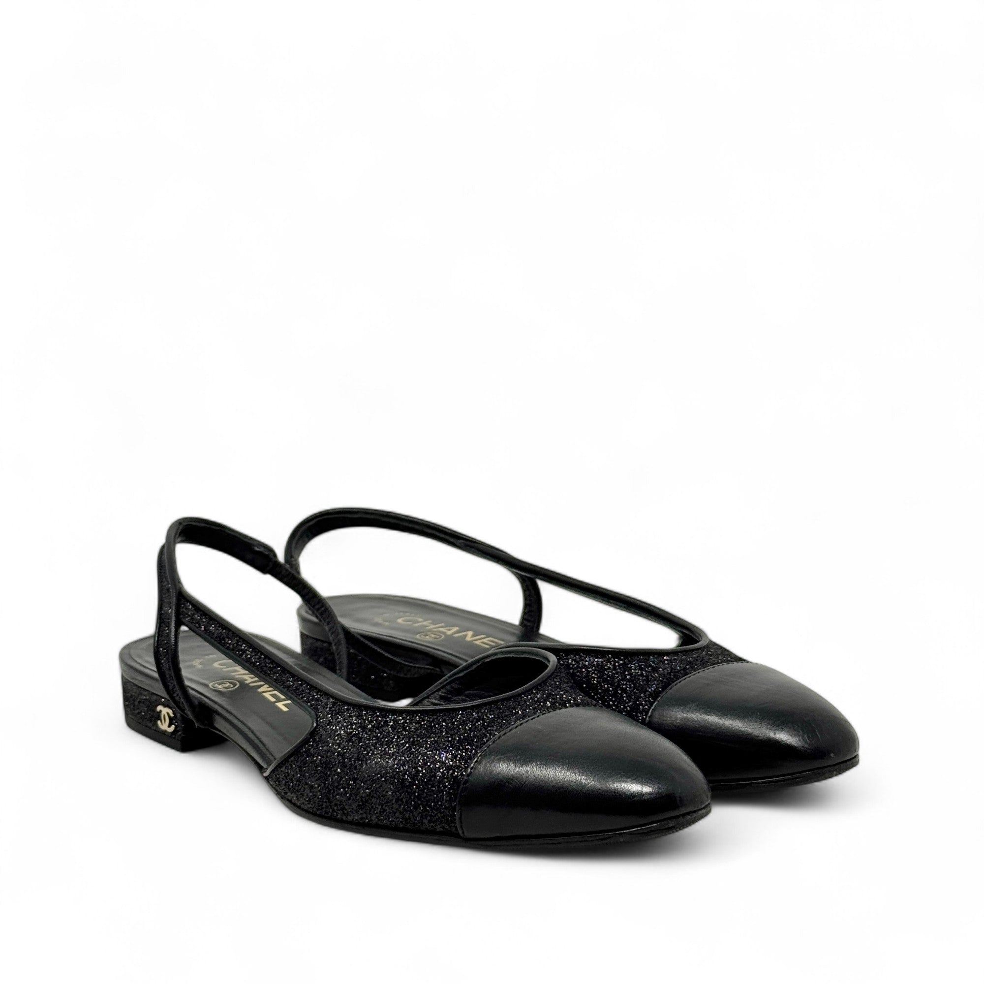 Chanel Black Glitter Slingback Flats 37.5