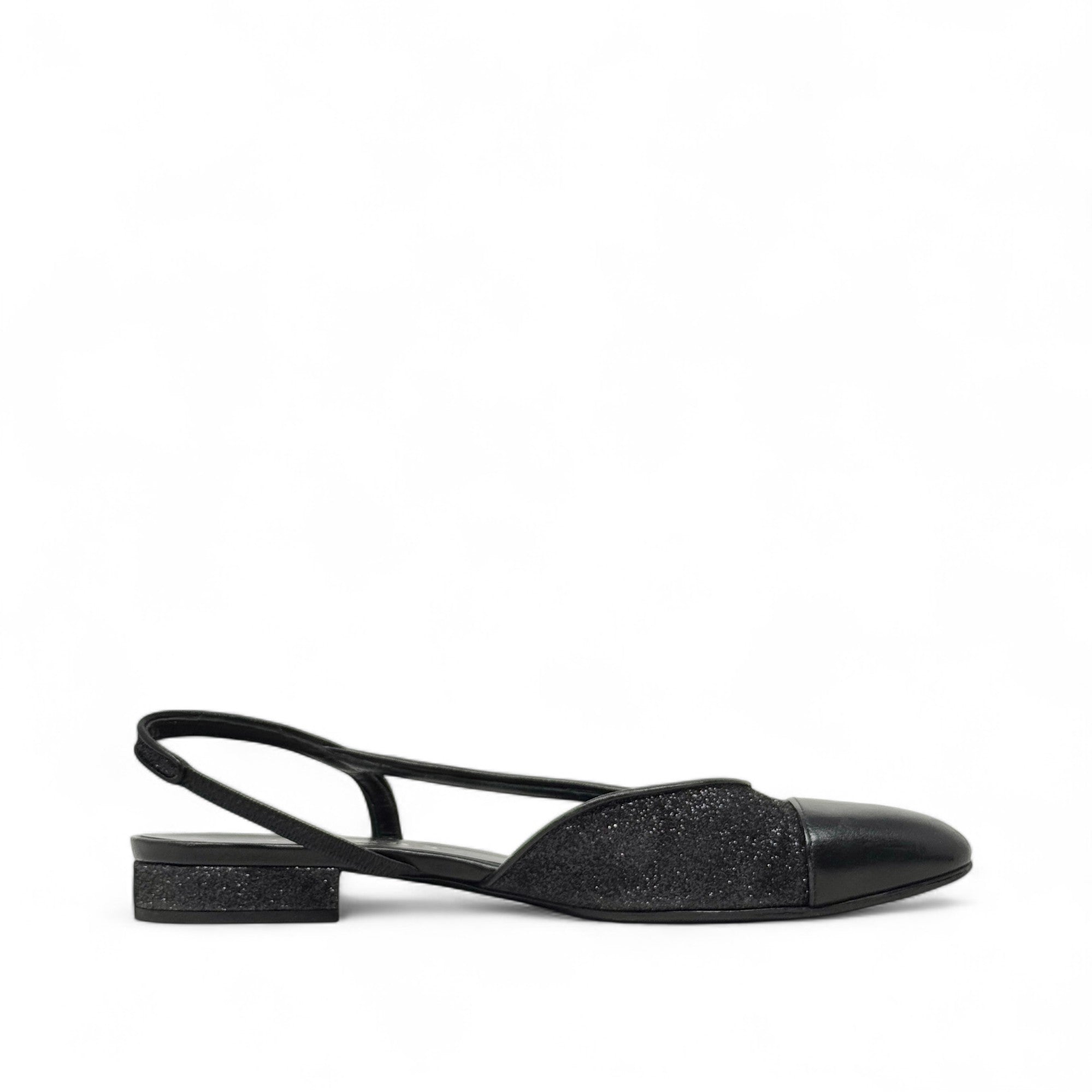Chanel Black Glitter Slingback Flats 37.5