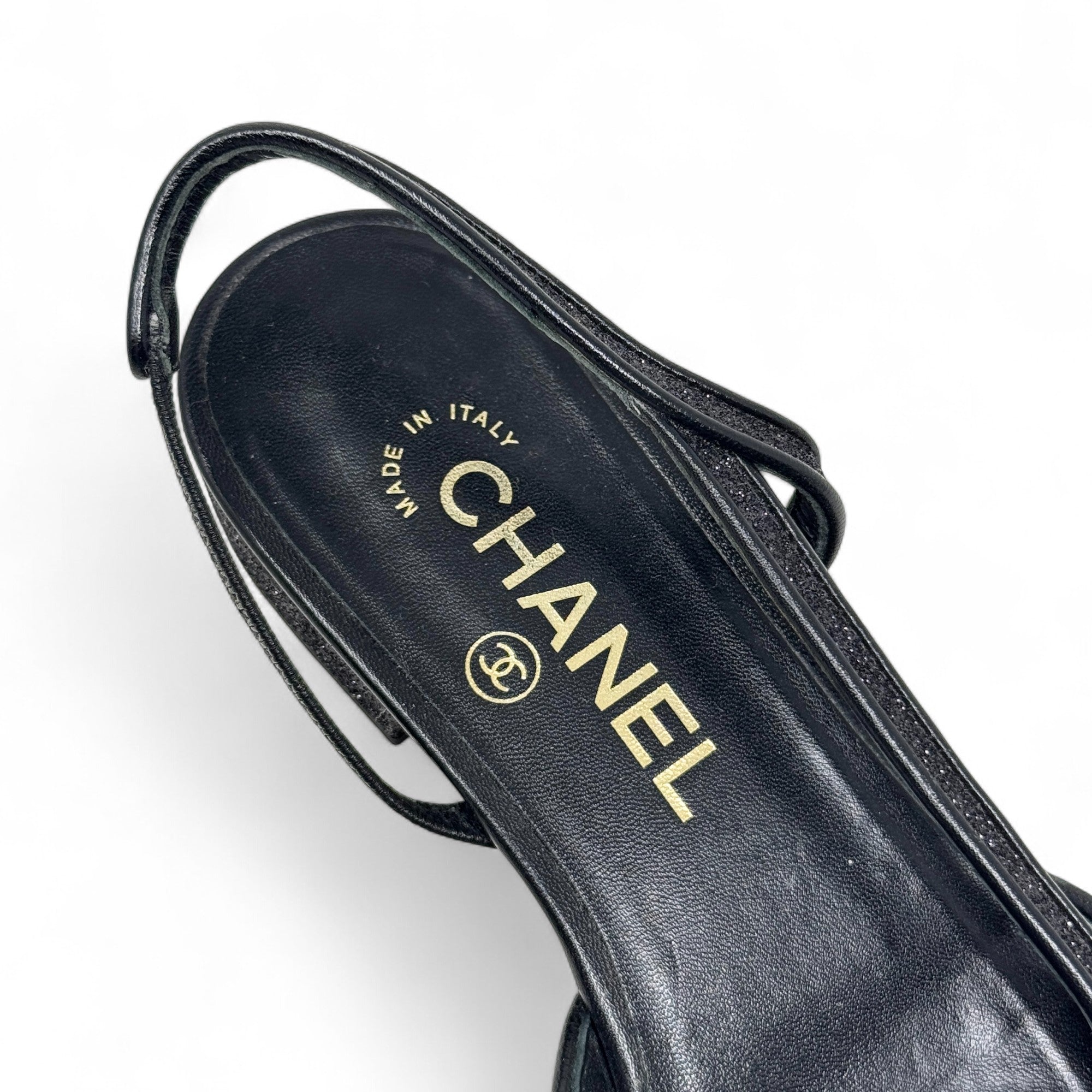 Chanel Black Glitter Slingback Flats 37.5