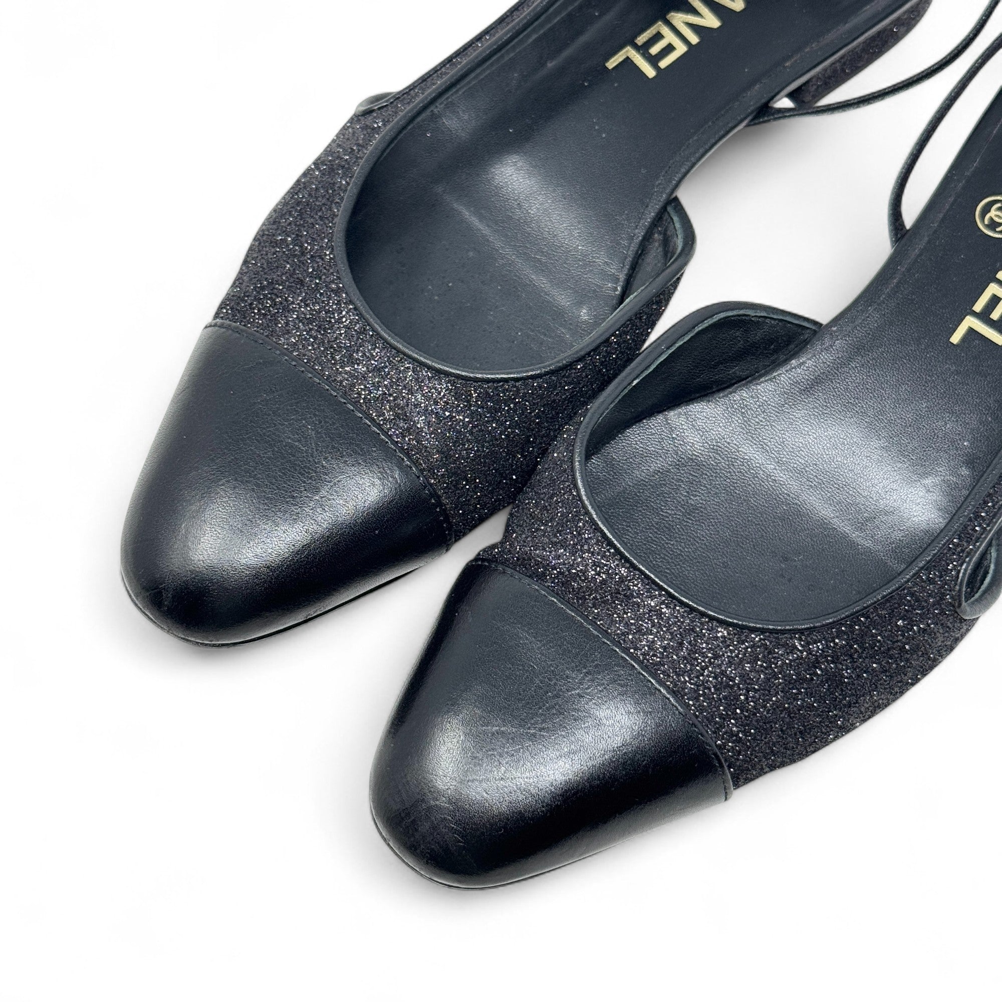 Chanel Black Glitter Slingback Flats 37.5