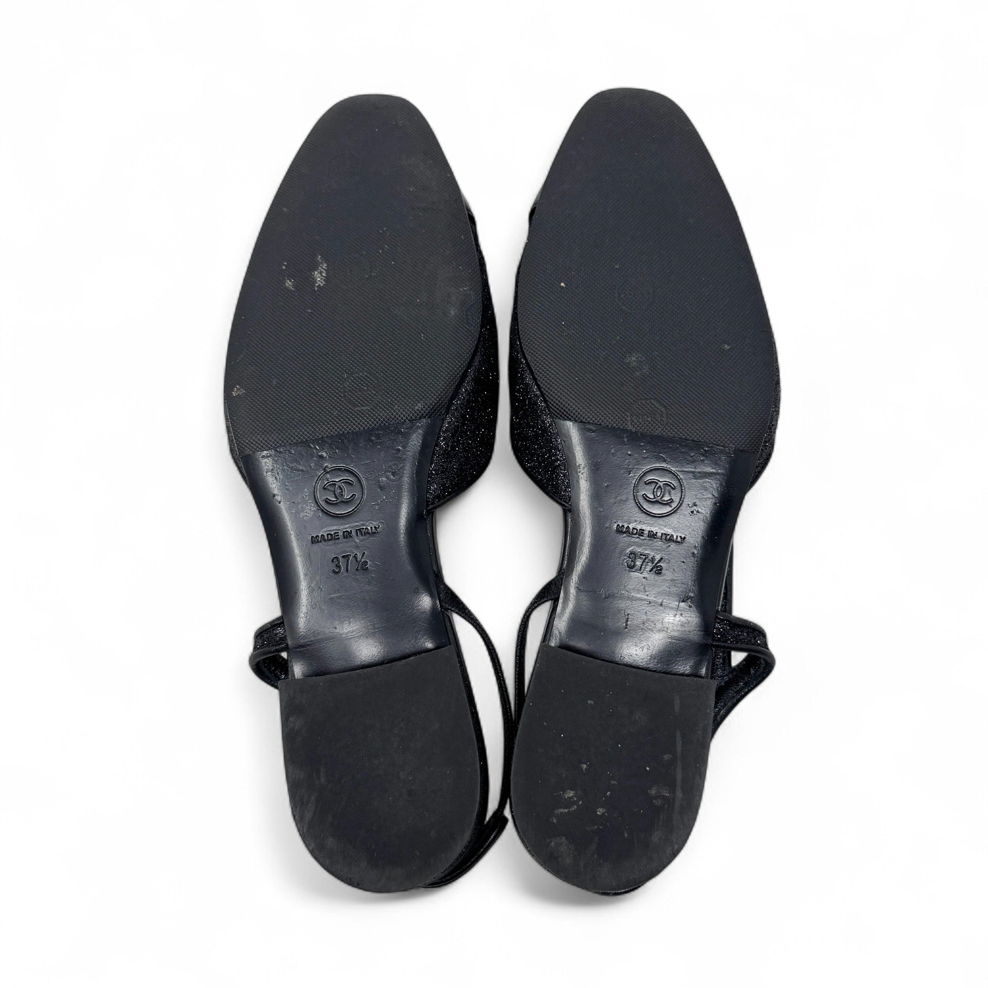 Chanel Black Glitter Slingback Flats 37.5