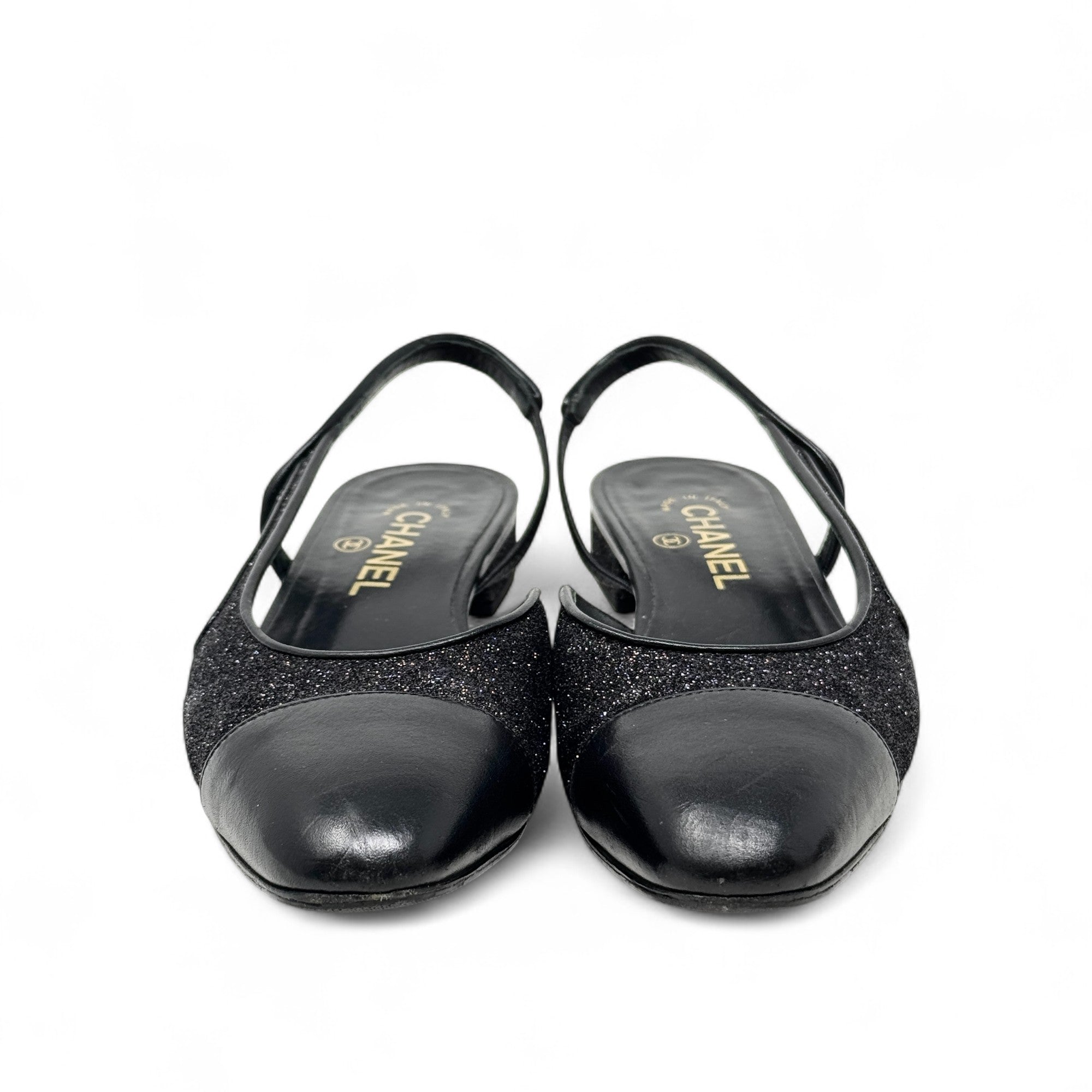 Chanel Black Glitter Slingback Flats 37.5