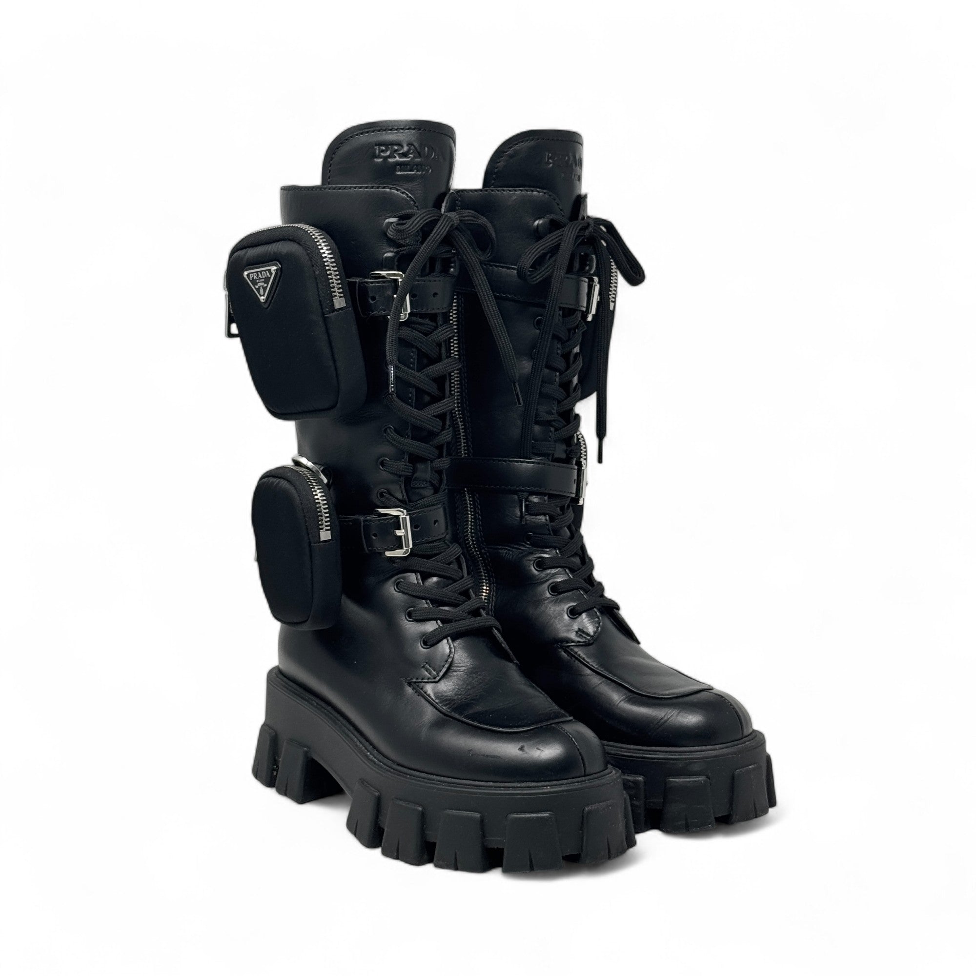 Prada Black Brushed Tall Monolith Combat Boots 37