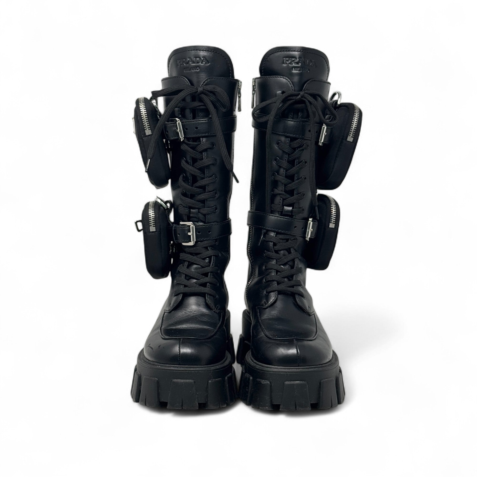 Prada Black Brushed Tall Monolith Combat Boots 37
