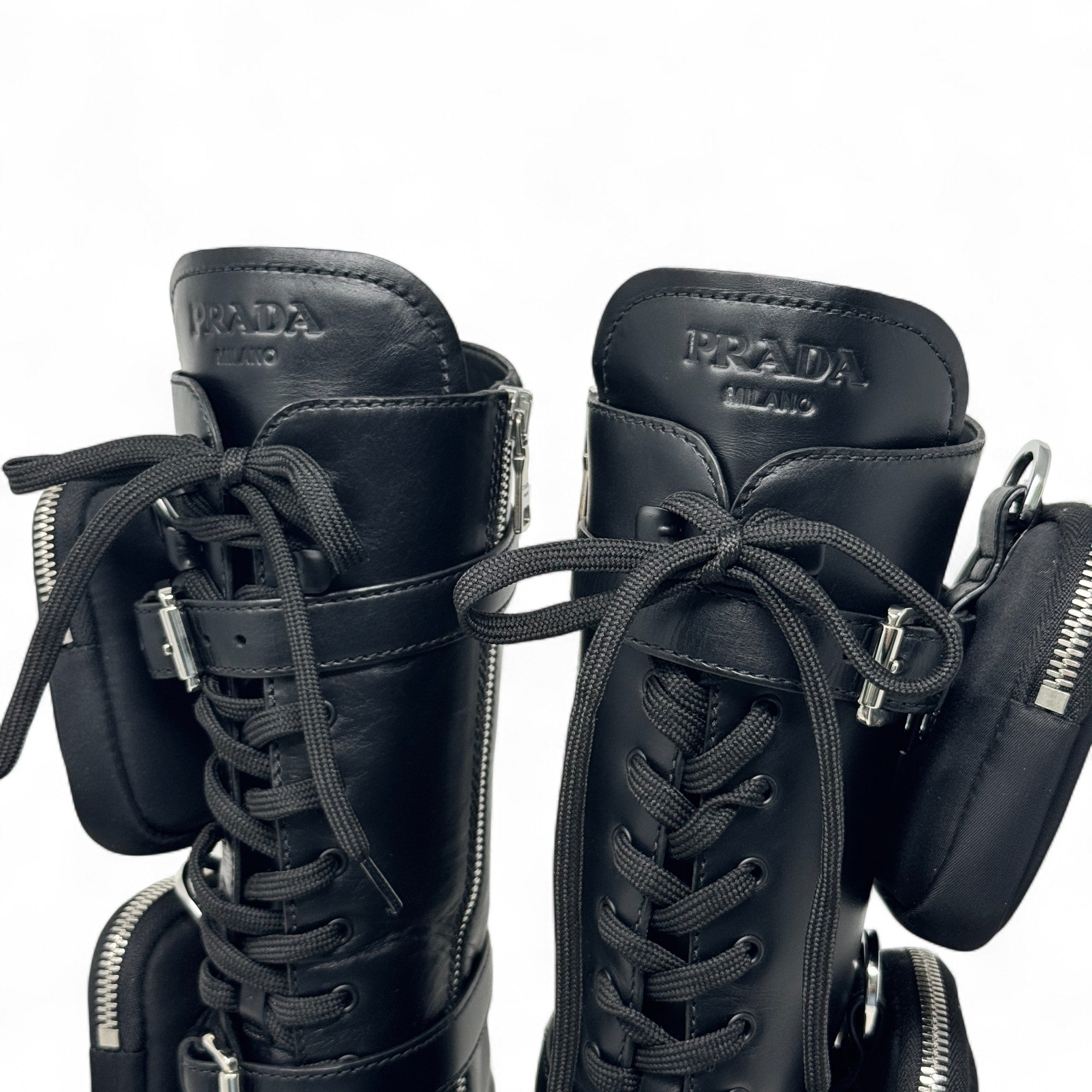 Prada Black Brushed Tall Monolith Combat Boots 37