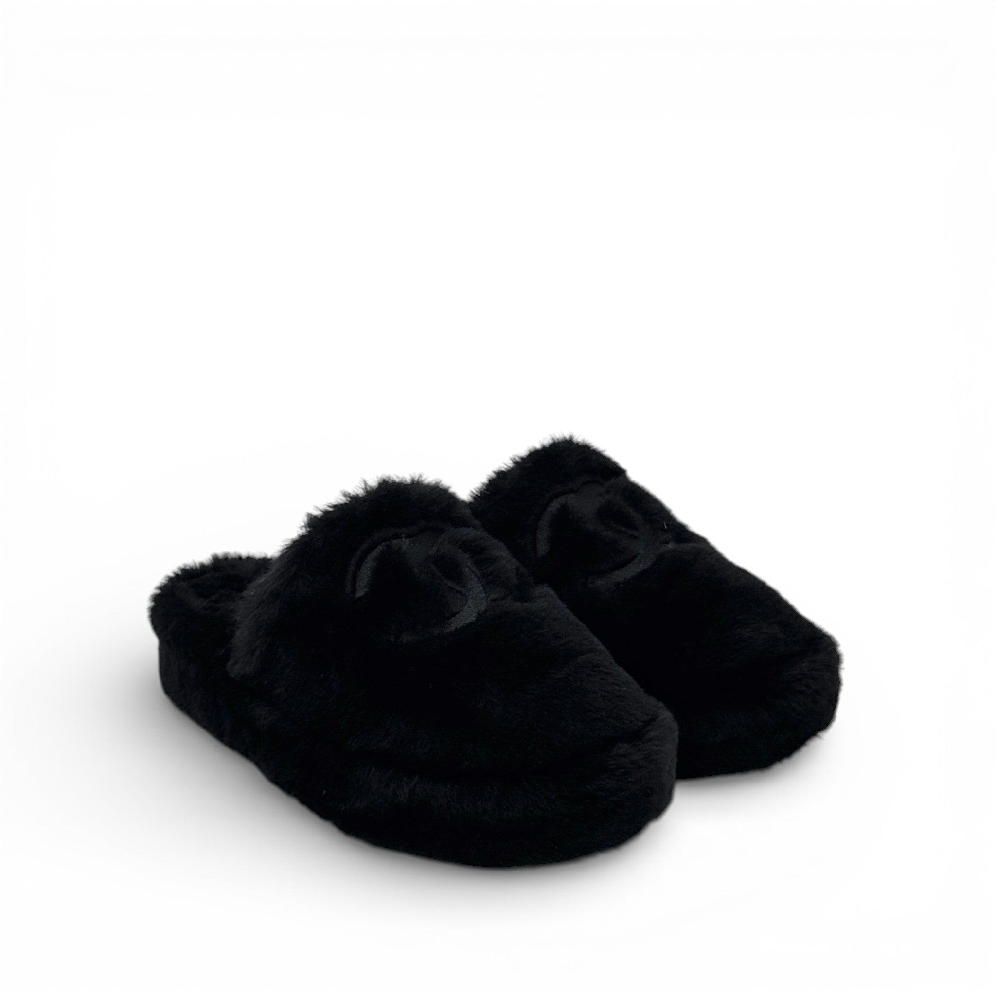 Chanel Black Shearling Flat Mules 37 With Pouch