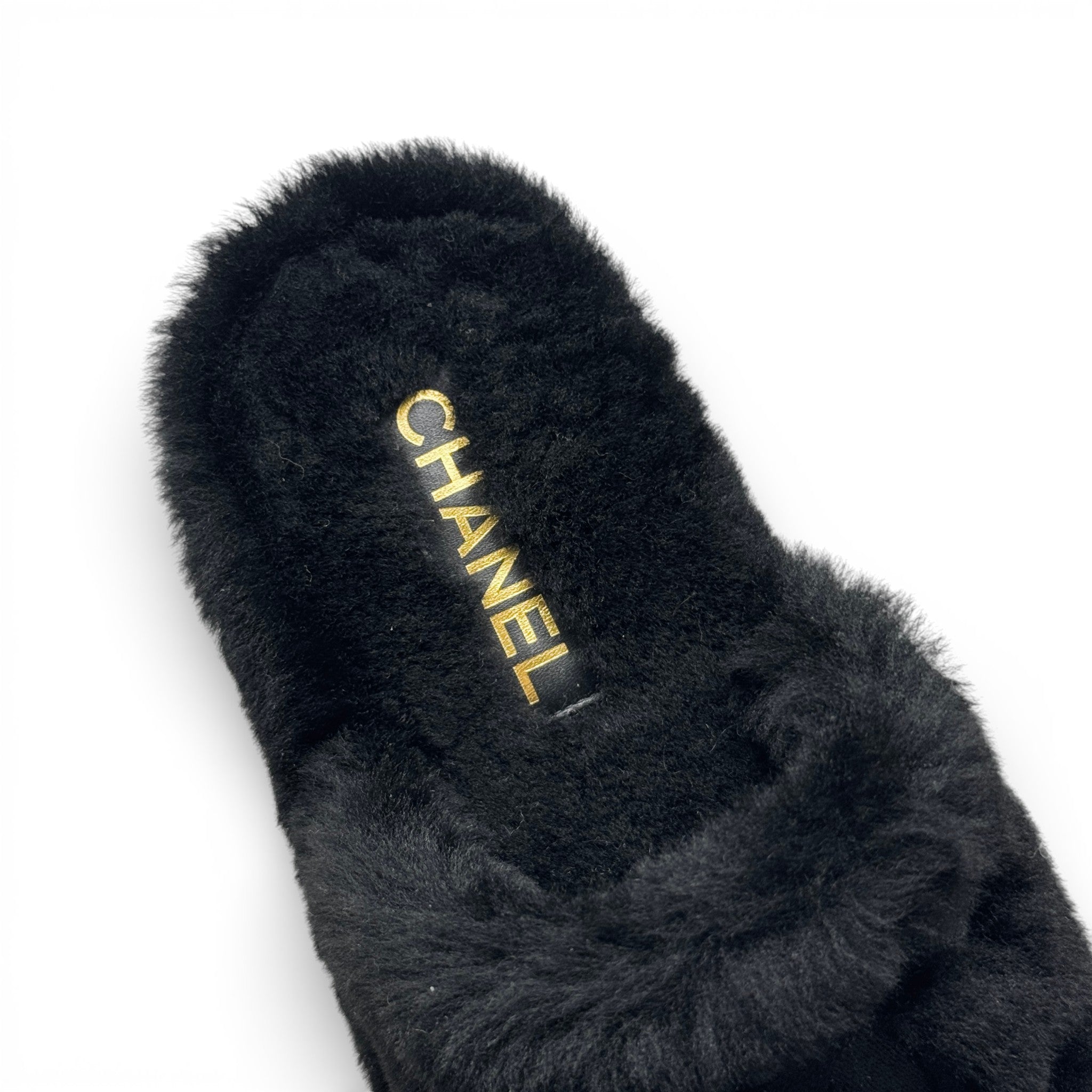 Chanel Black Shearling Flat Mules 37 With Pouch