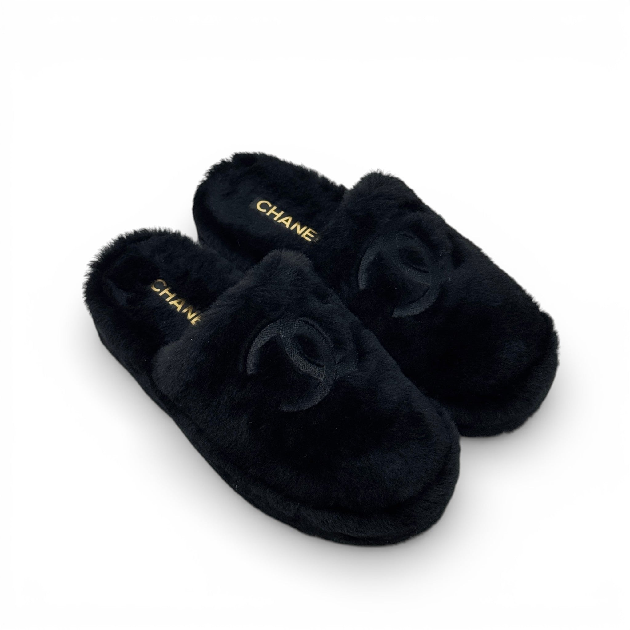 Chanel Black Shearling Flat Mules 37 With Pouch