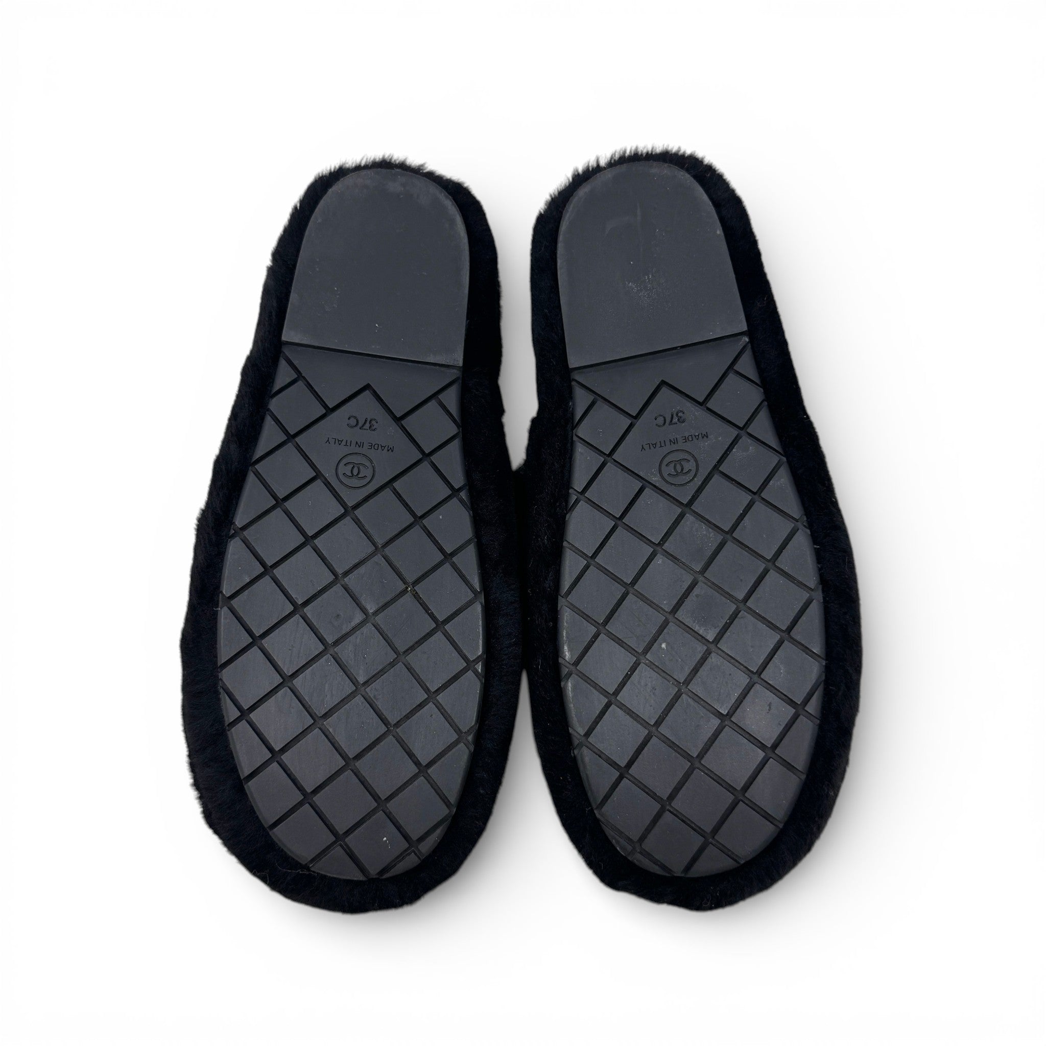 Chanel Black Shearling Flat Mules 37 With Pouch