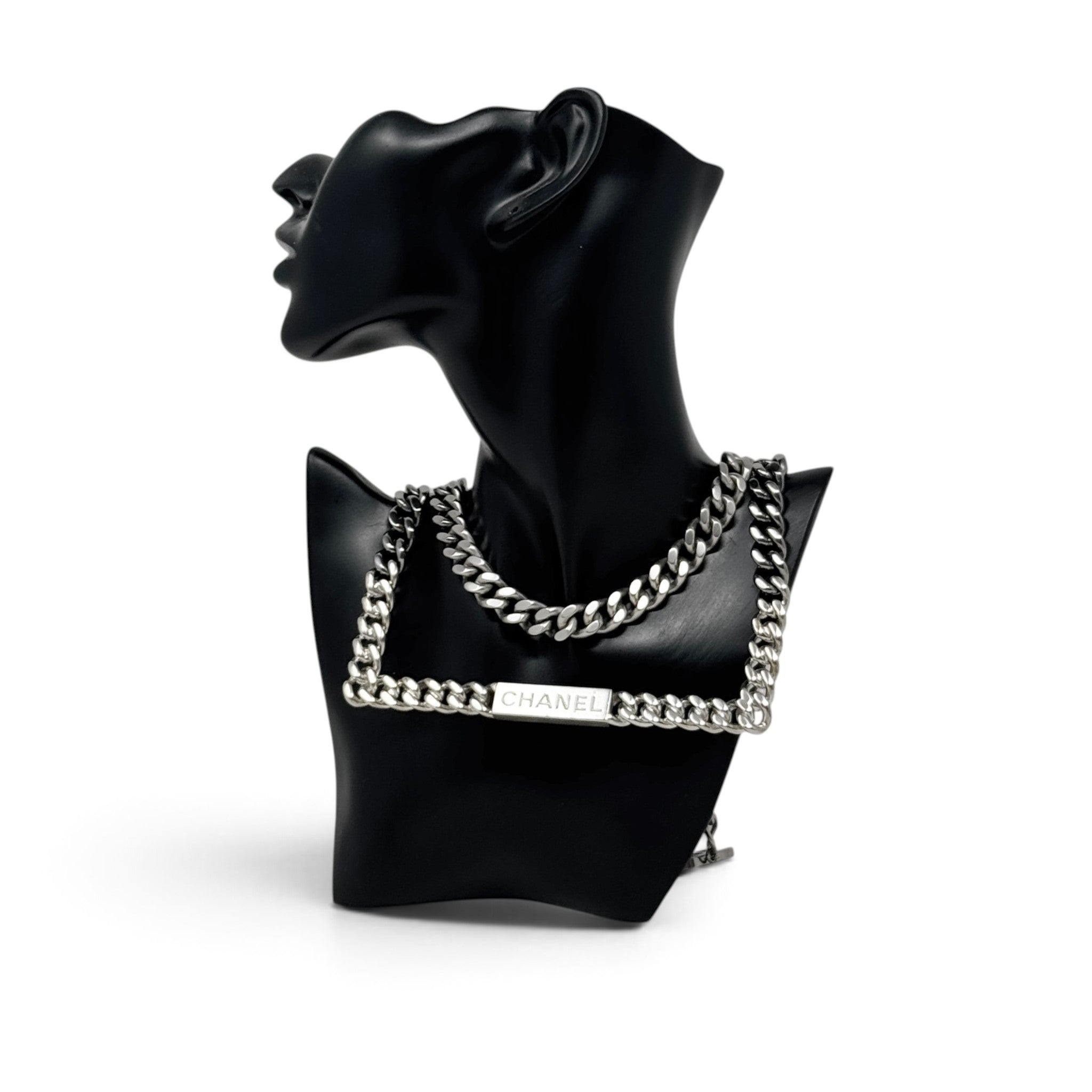 Chanel Silver Logo ID Double Chain Necklace