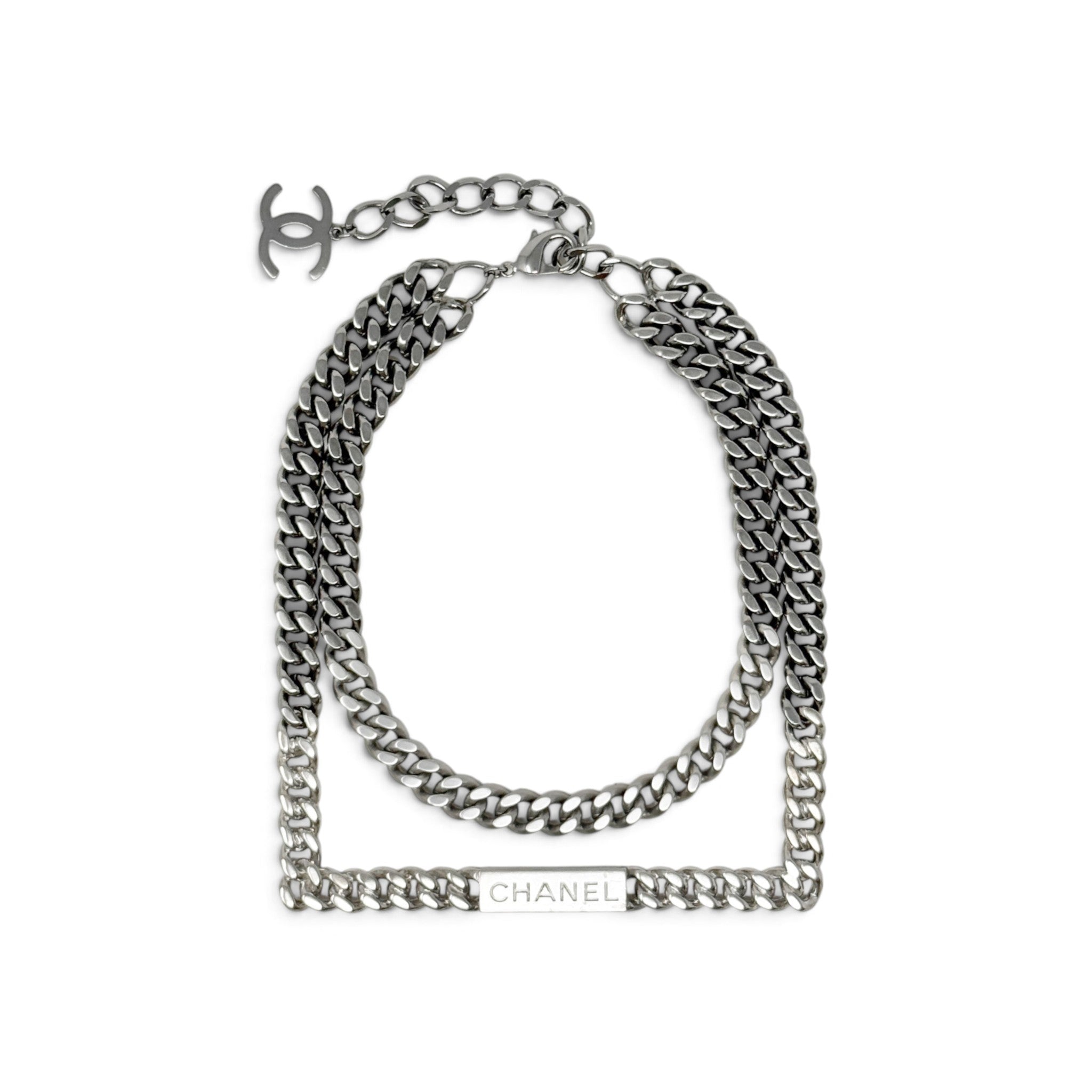 Chanel Silver Logo ID Double Chain Necklace