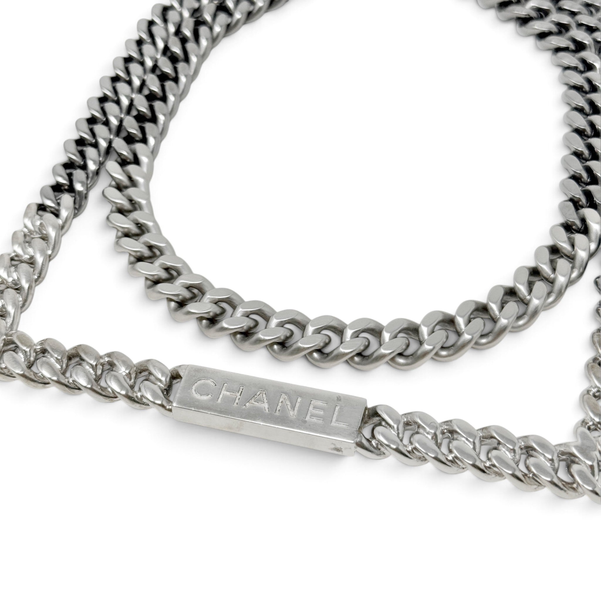 Chanel Silver Logo ID Double Chain Necklace