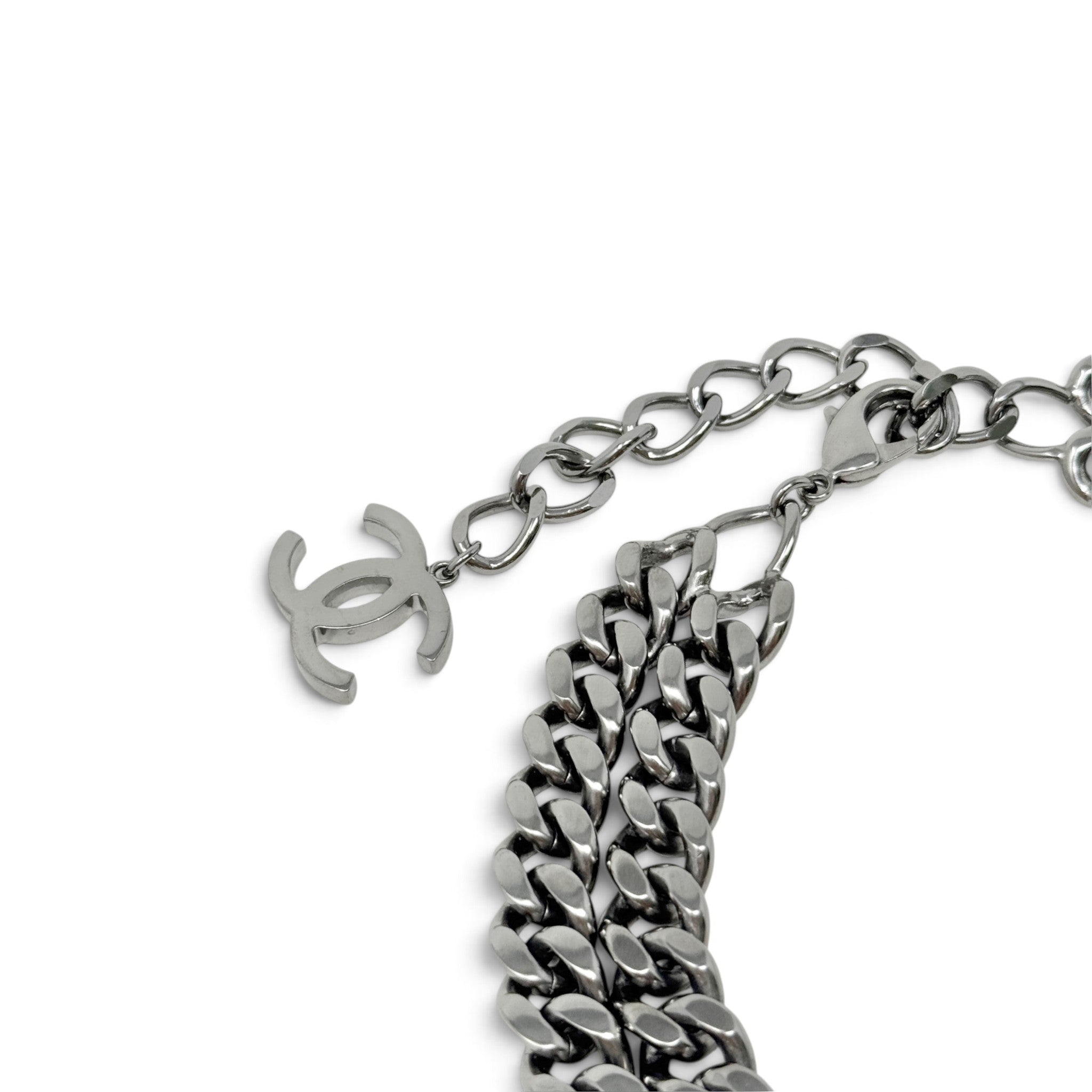 Chanel Silver Logo ID Double Chain Necklace