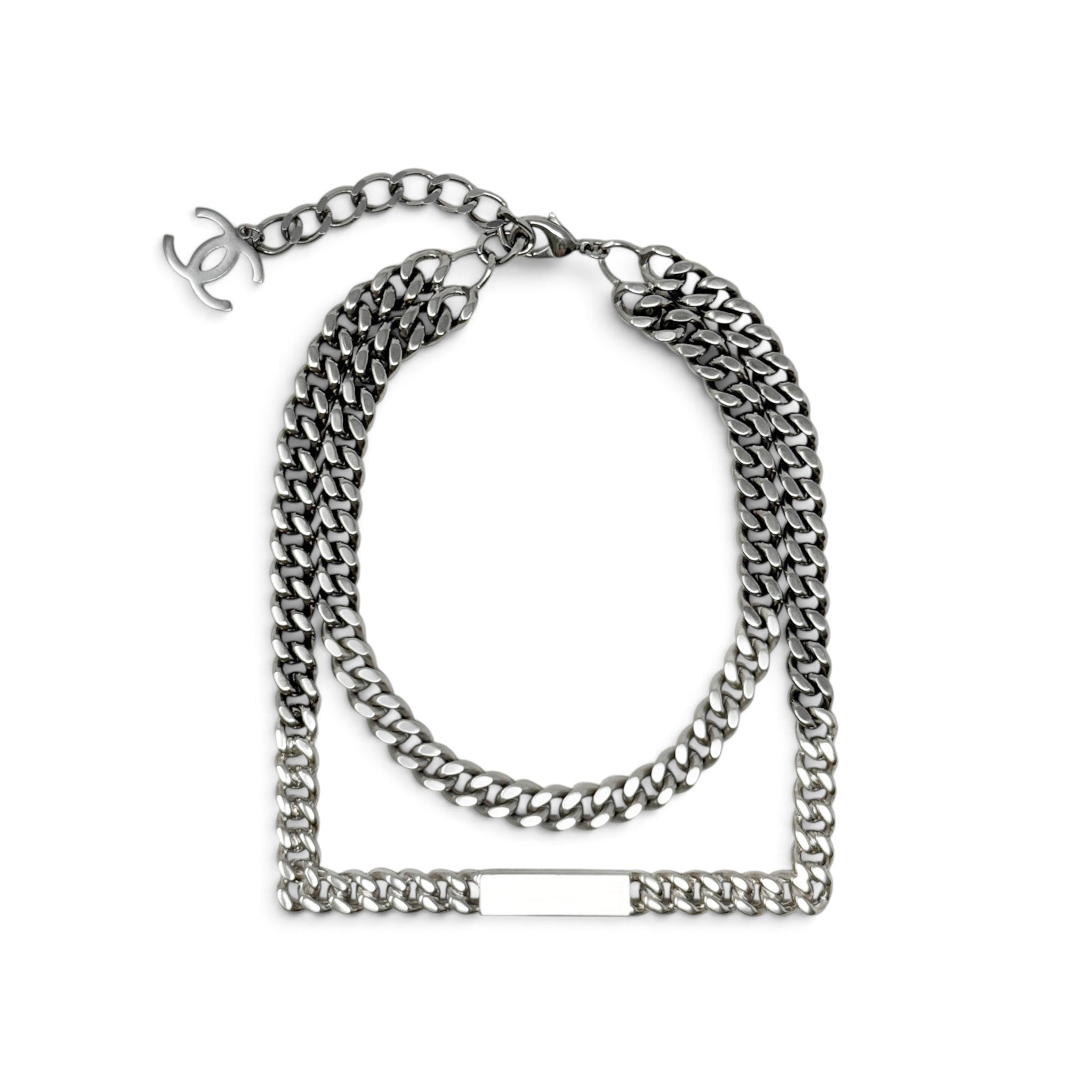 Chanel Silver Logo ID Double Chain Necklace