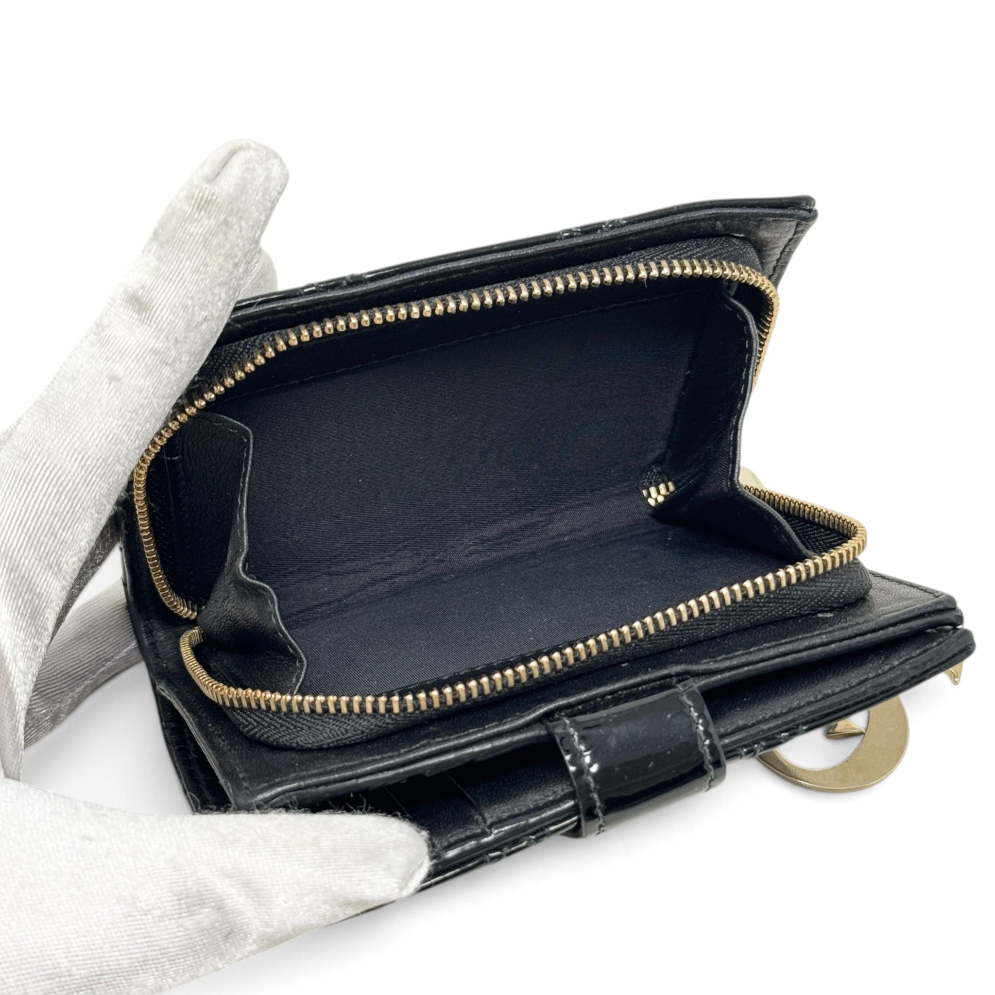 Dior Black Patent Lady Dior Compact Wallet