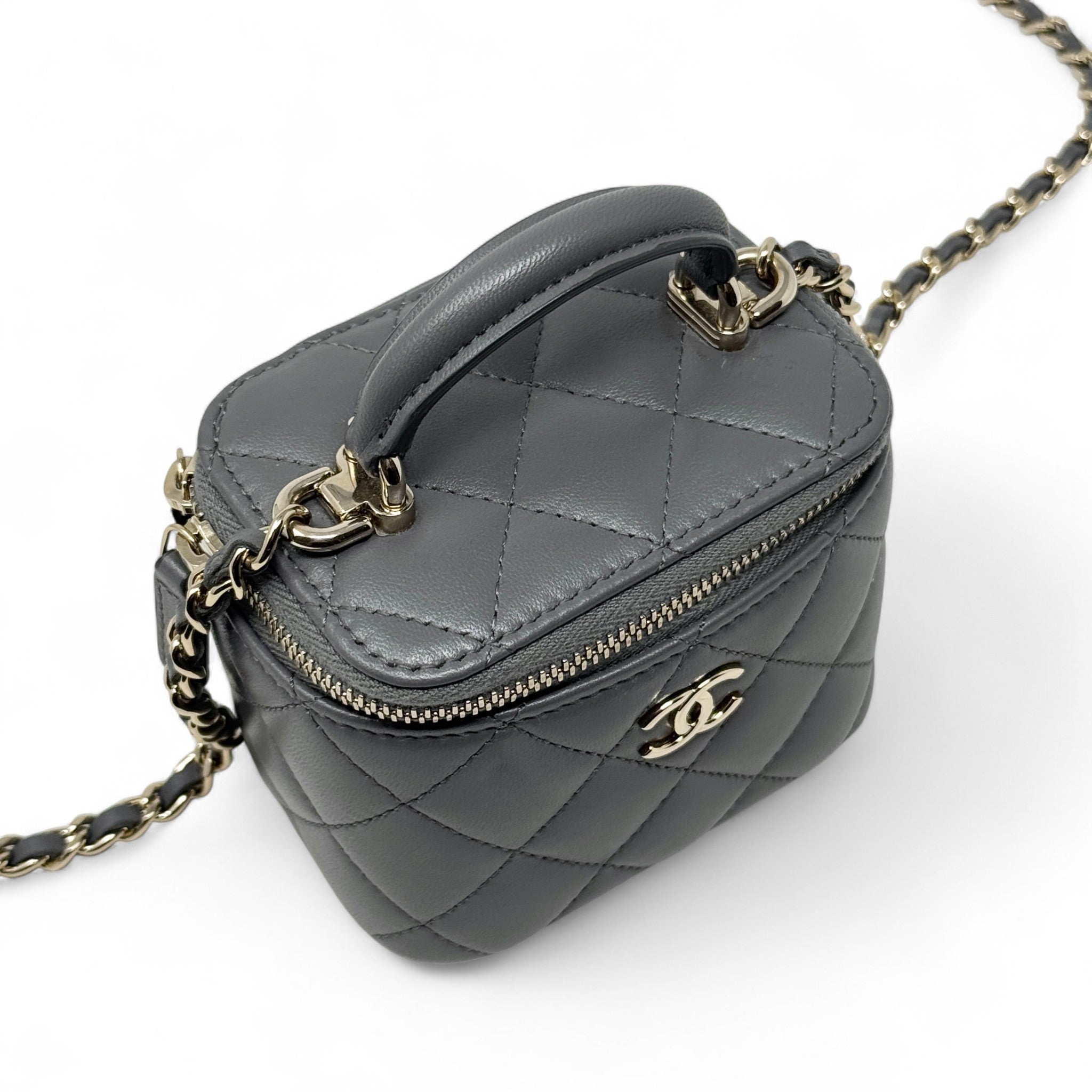 Chanel Grey Mini Vanity Case With Chain