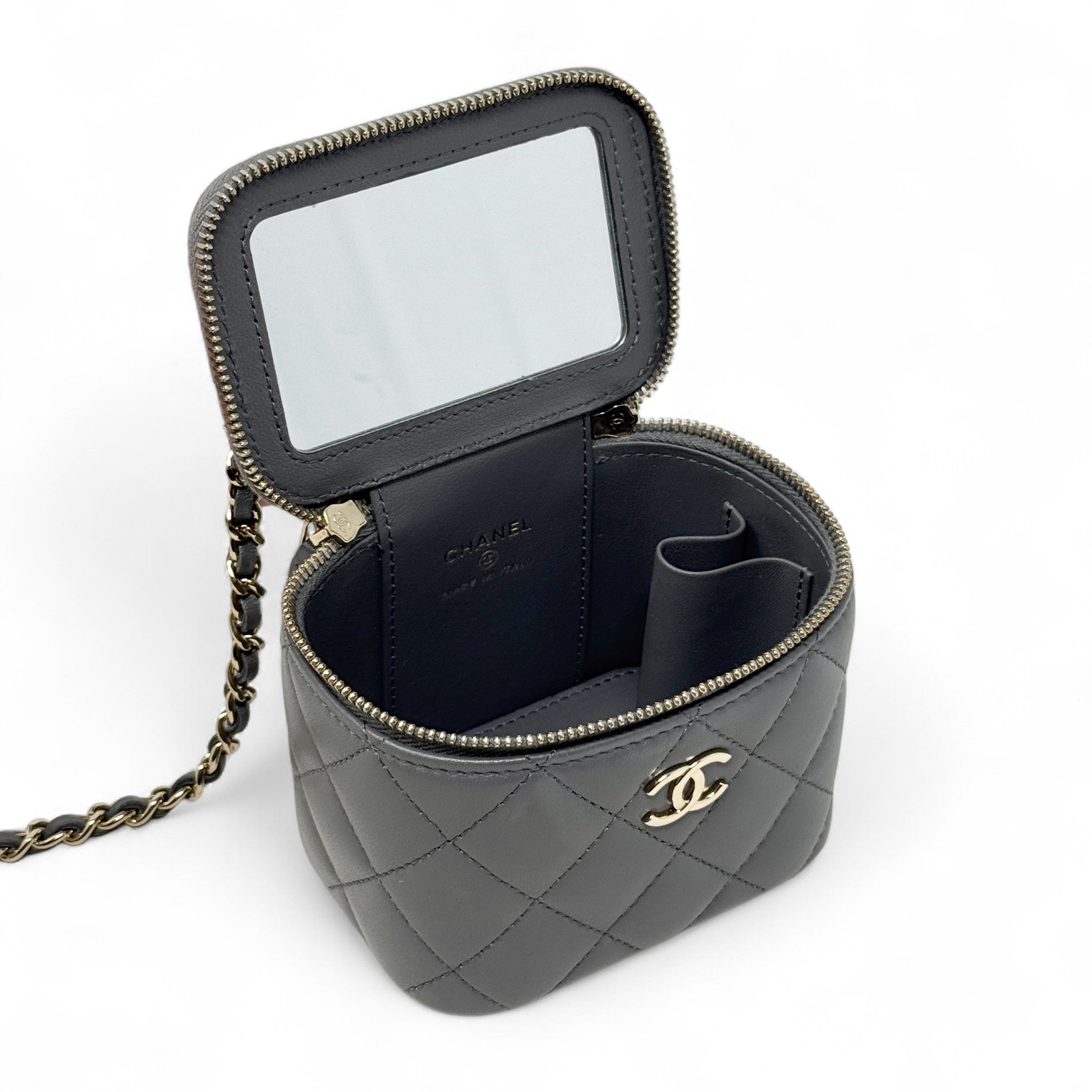 Chanel Grey Mini Vanity Case With Chain