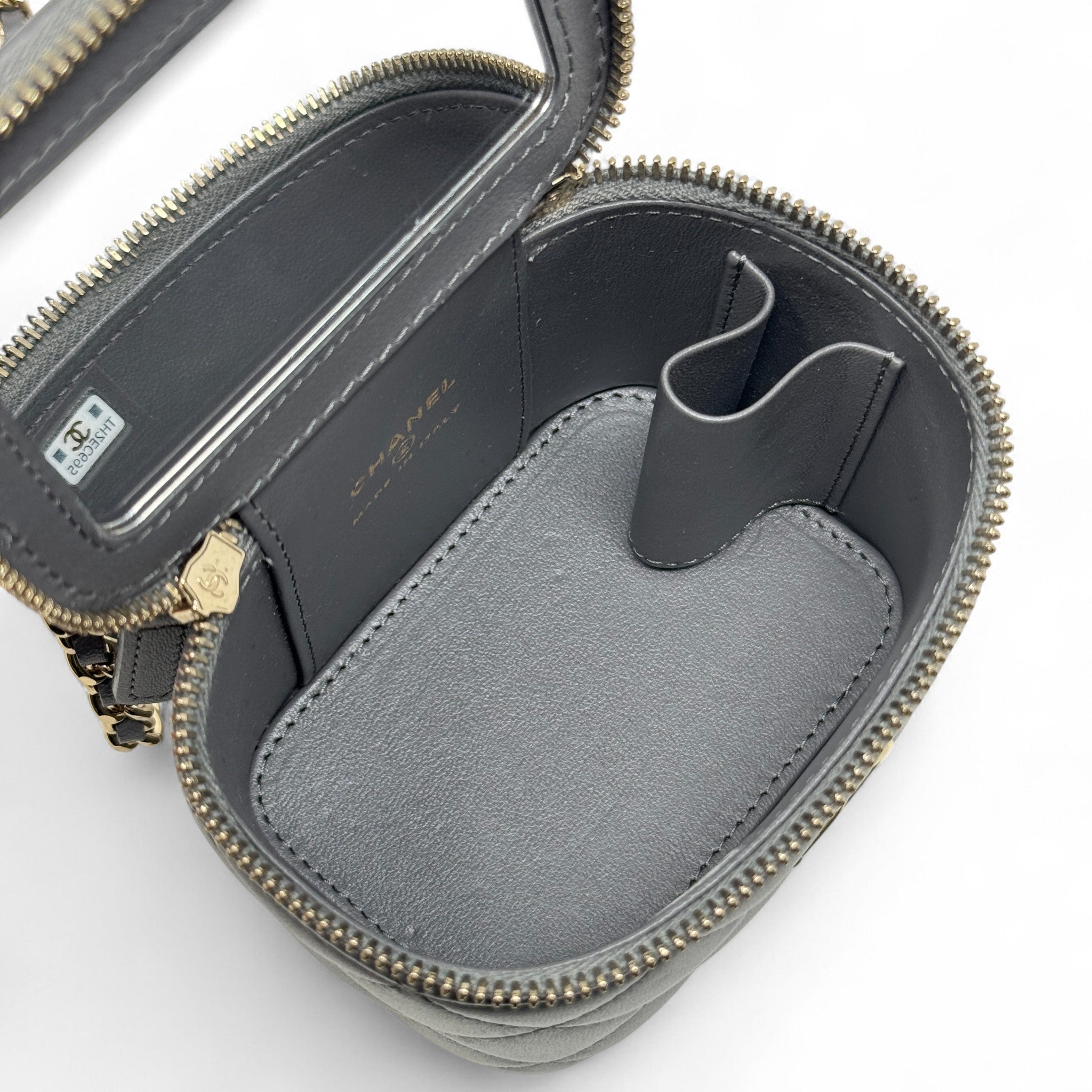 Chanel Grey Mini Vanity Case With Chain