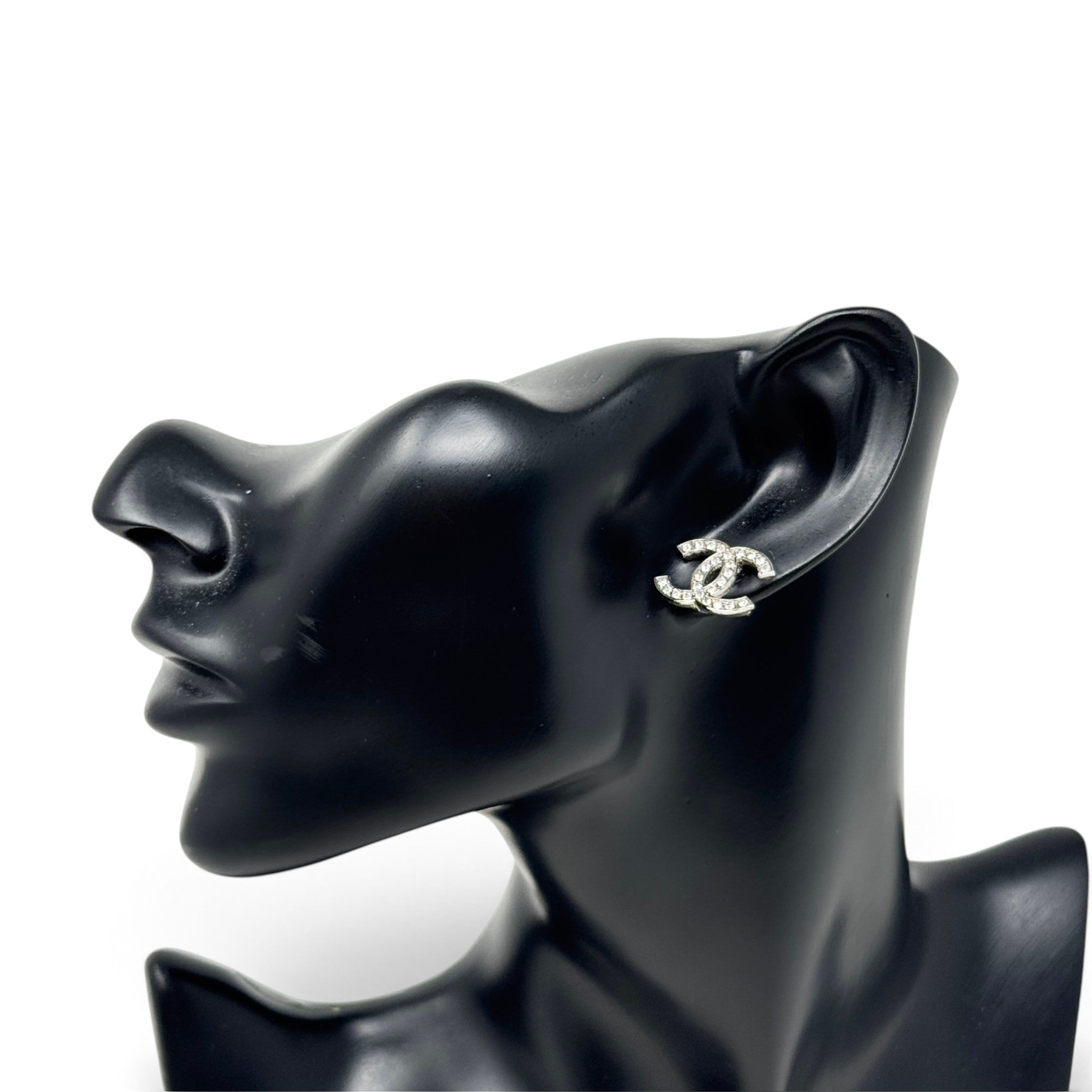 Chanel Silver Crystal CC Stud Earrings