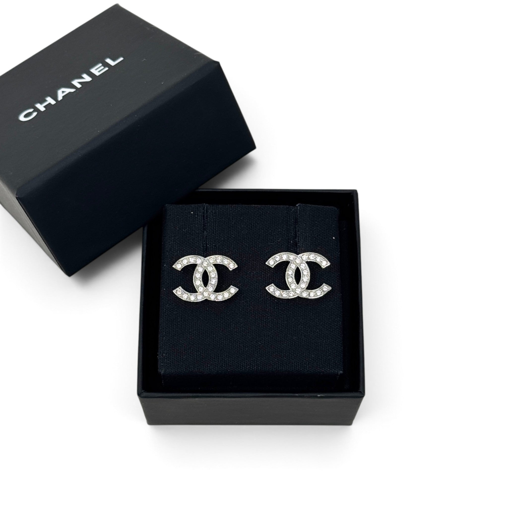 Chanel Silver Crystal CC Stud Earrings