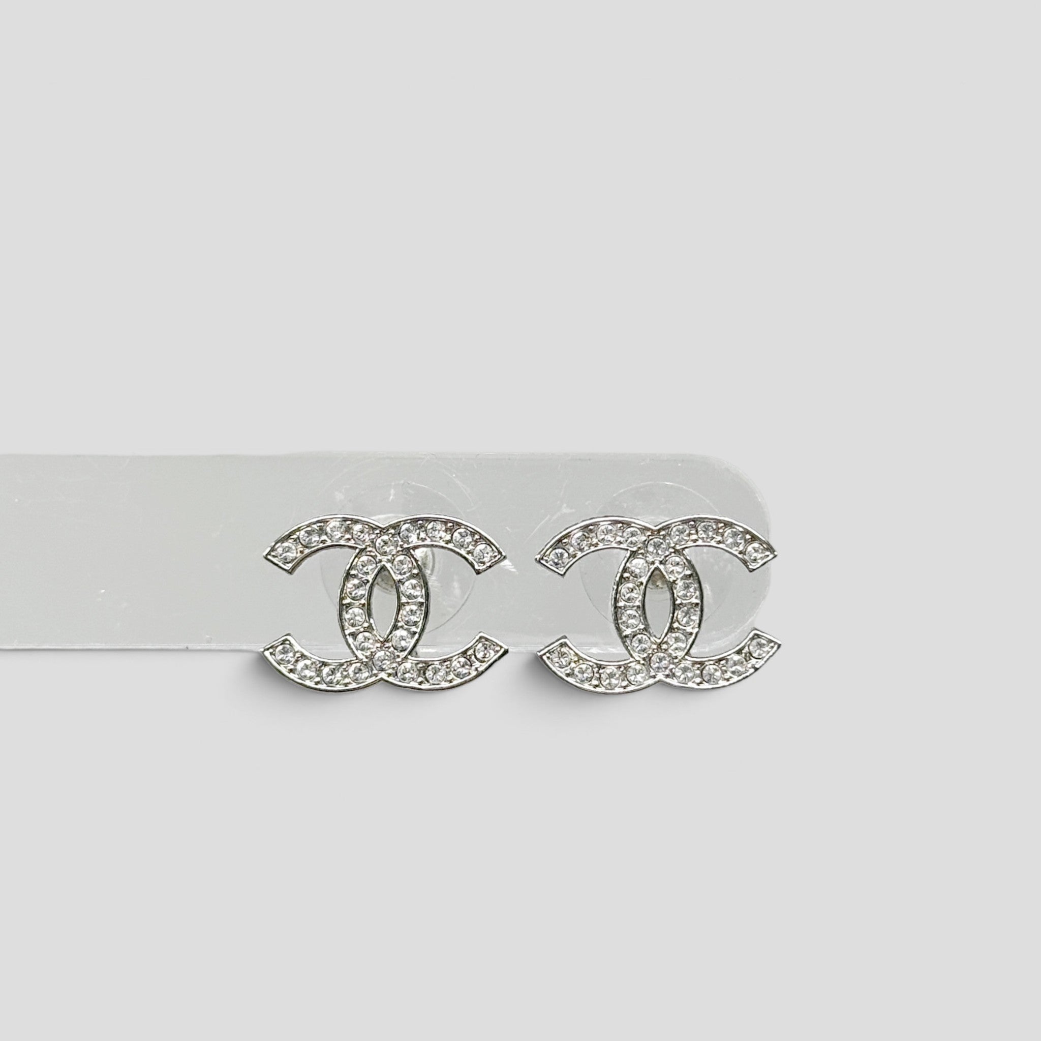 Chanel Silver Crystal CC Stud Earrings