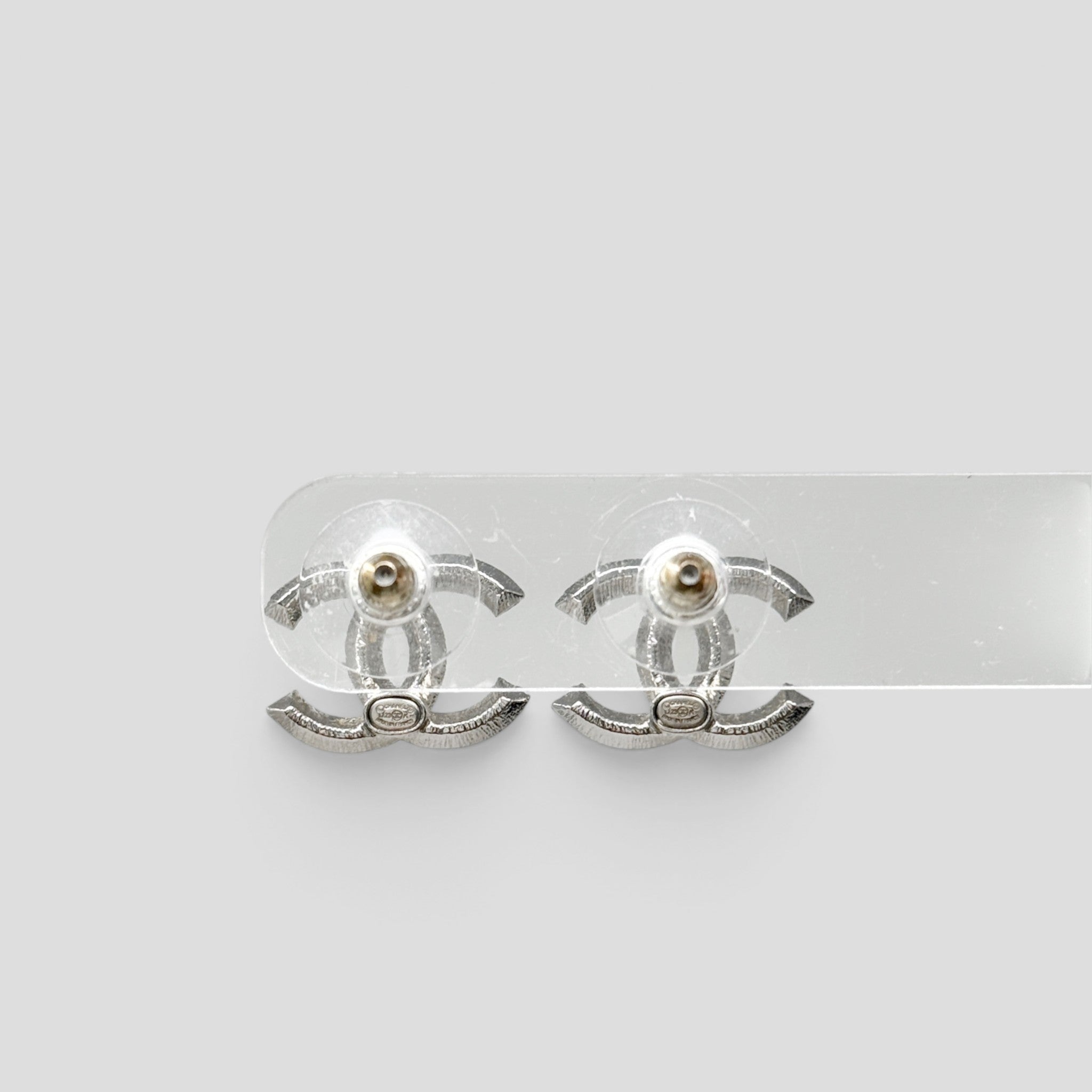 Chanel Silver Crystal CC Stud Earrings