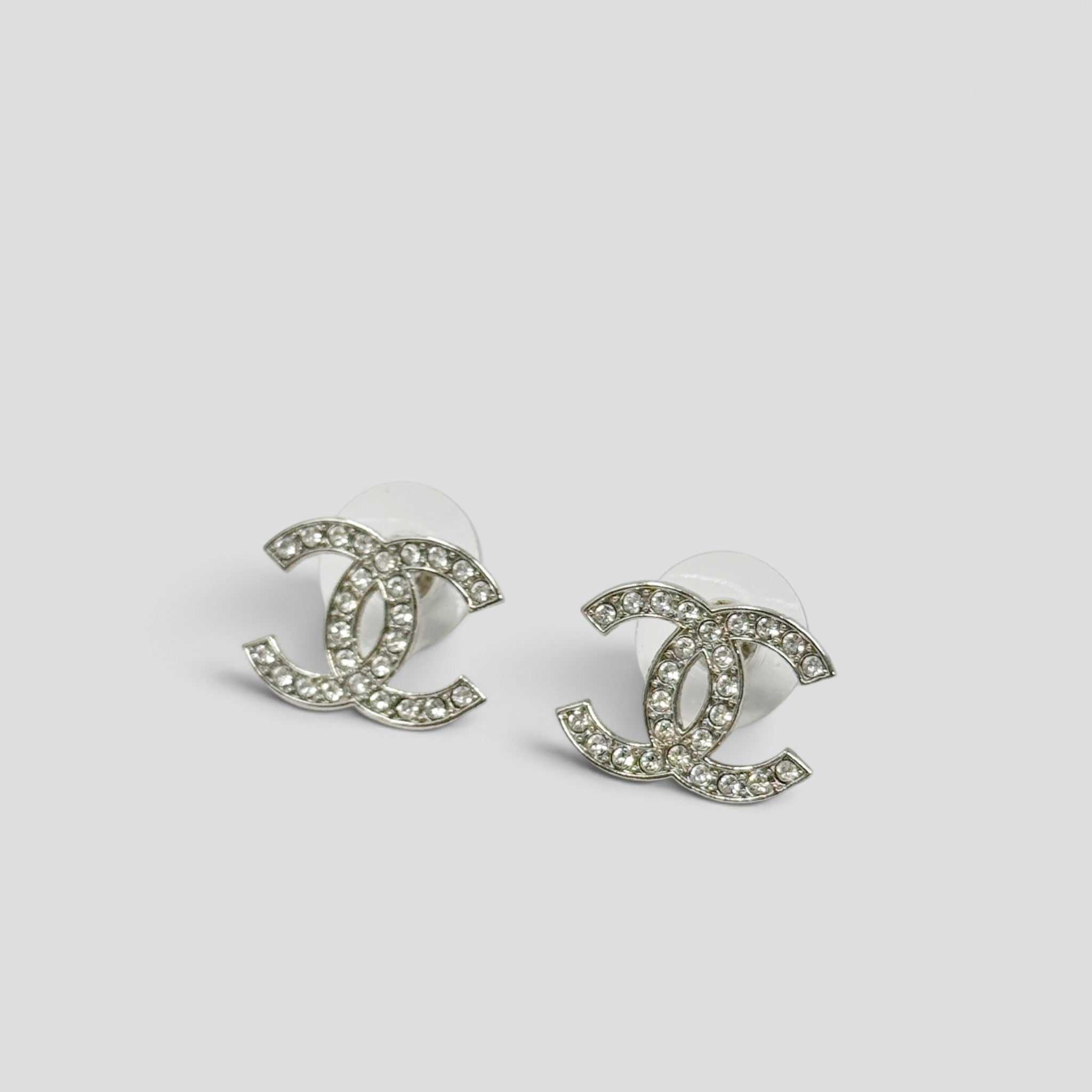 Chanel Silver Crystal CC Stud Earrings