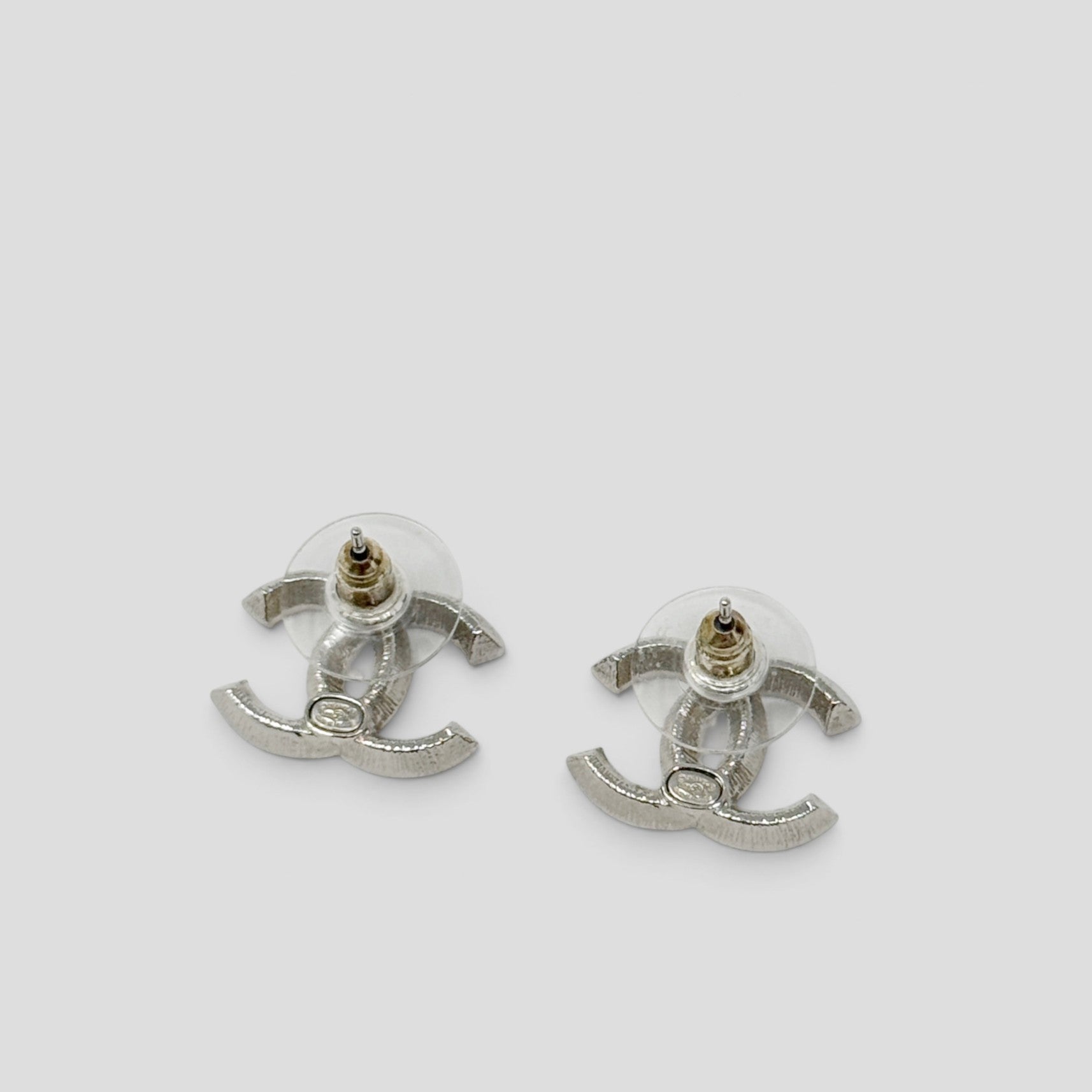 Chanel Silver Crystal CC Stud Earrings