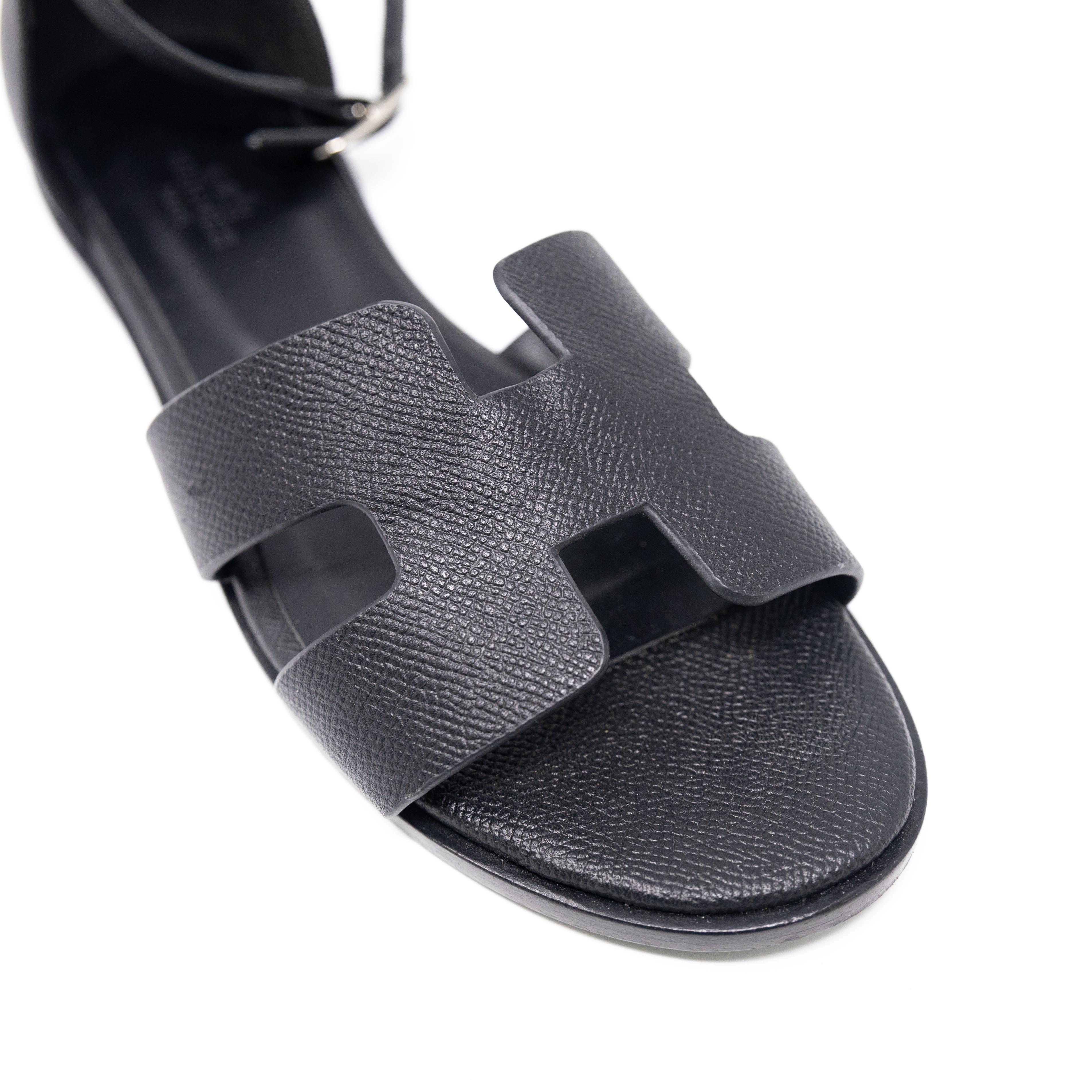 Hermes Noir Epsom Santorini Sandals 38