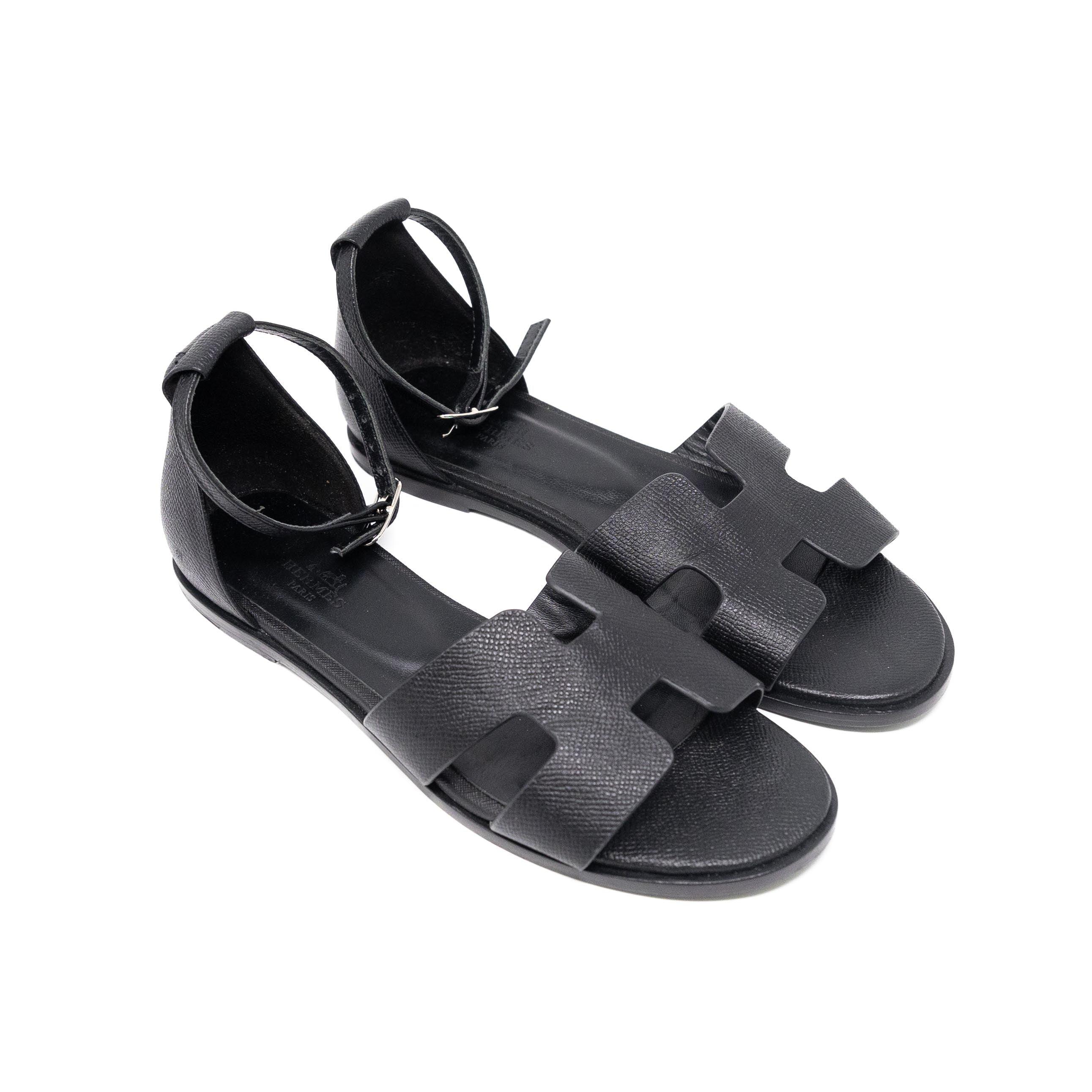 Hermes Noir Epsom Santorini Sandals 38