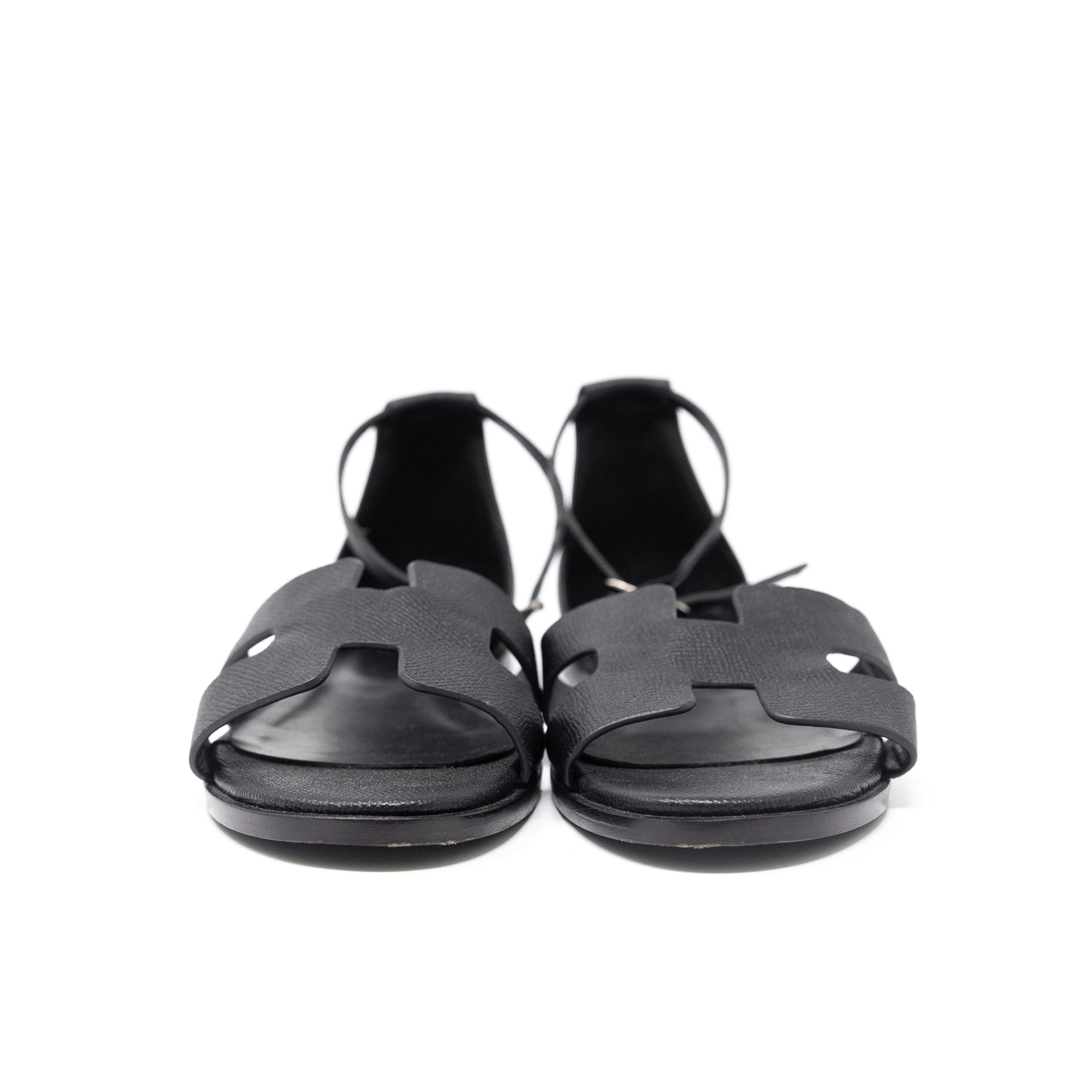 Hermes Noir Epsom Santorini Sandals 38