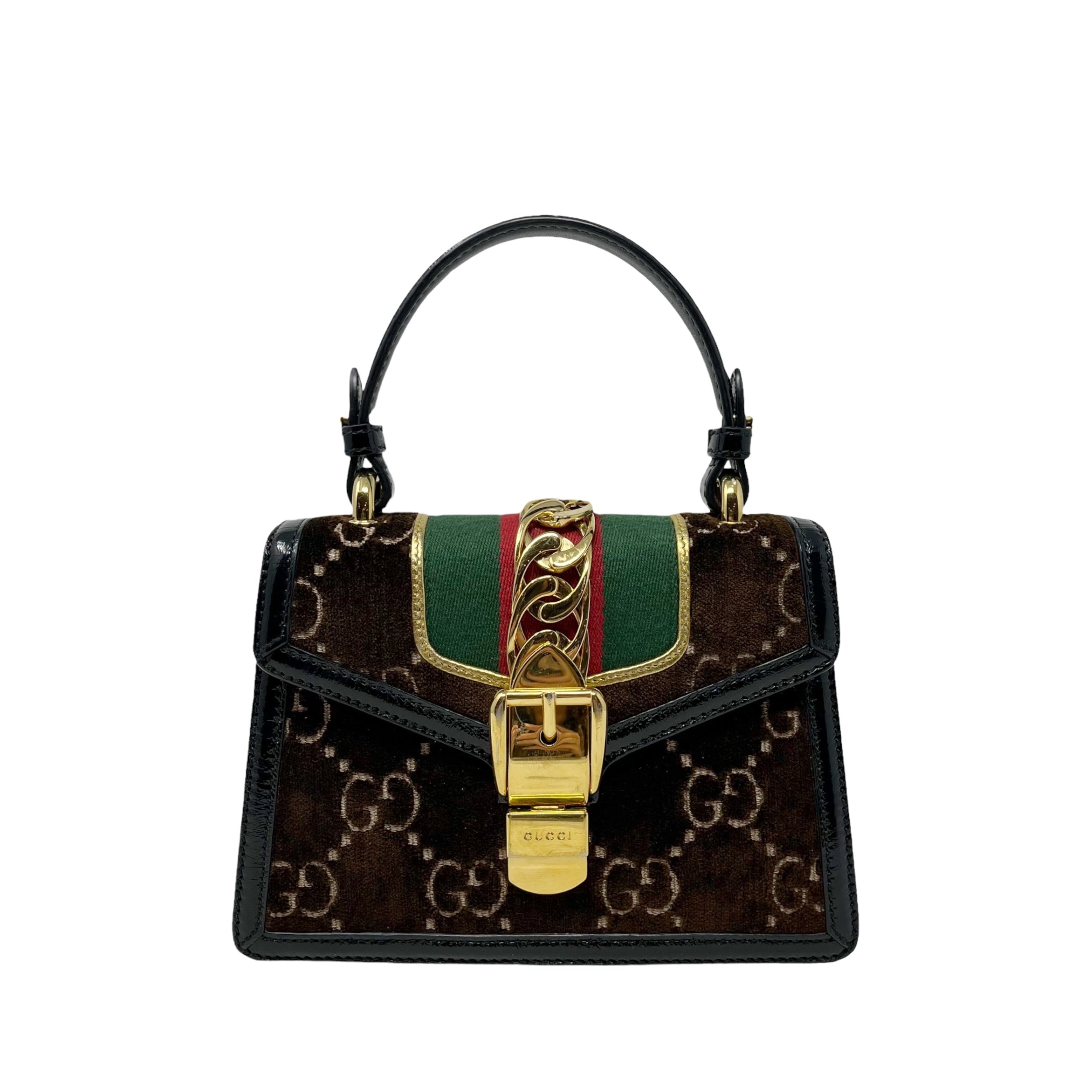 Gucci Brown Velvet Mini Sylvie Top Handle Bag